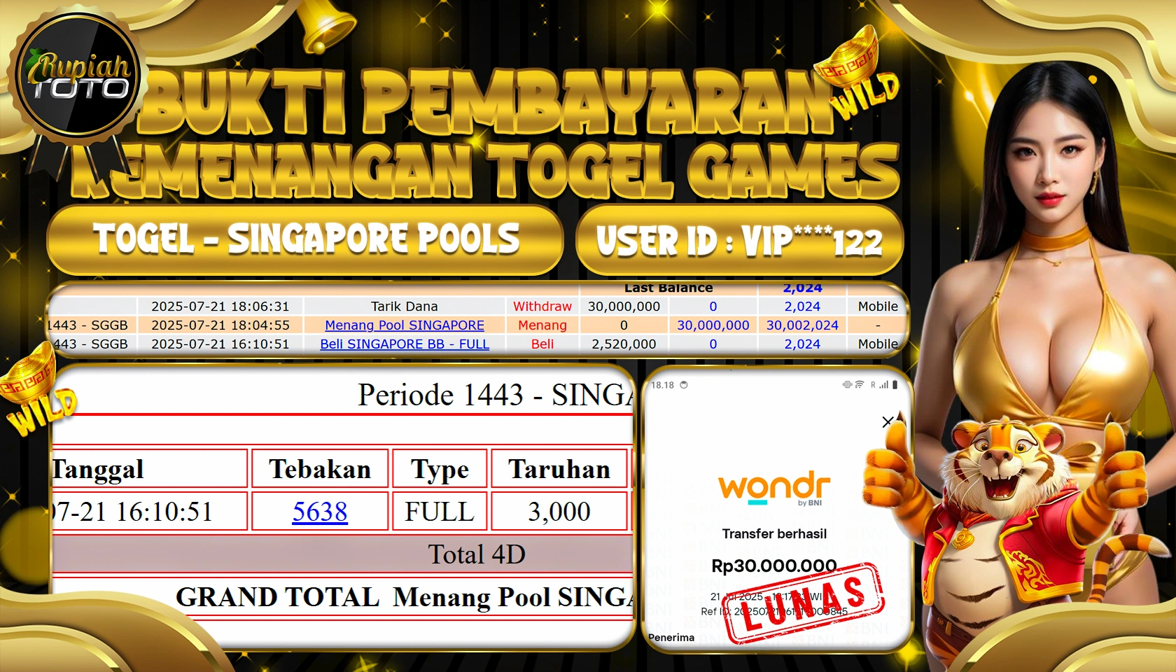 RUPIAHTOTO JACKPOT TOGEL DI PASARAN SINGAPORE RP 30,000,000 JUTA RUPIAH LUNAS