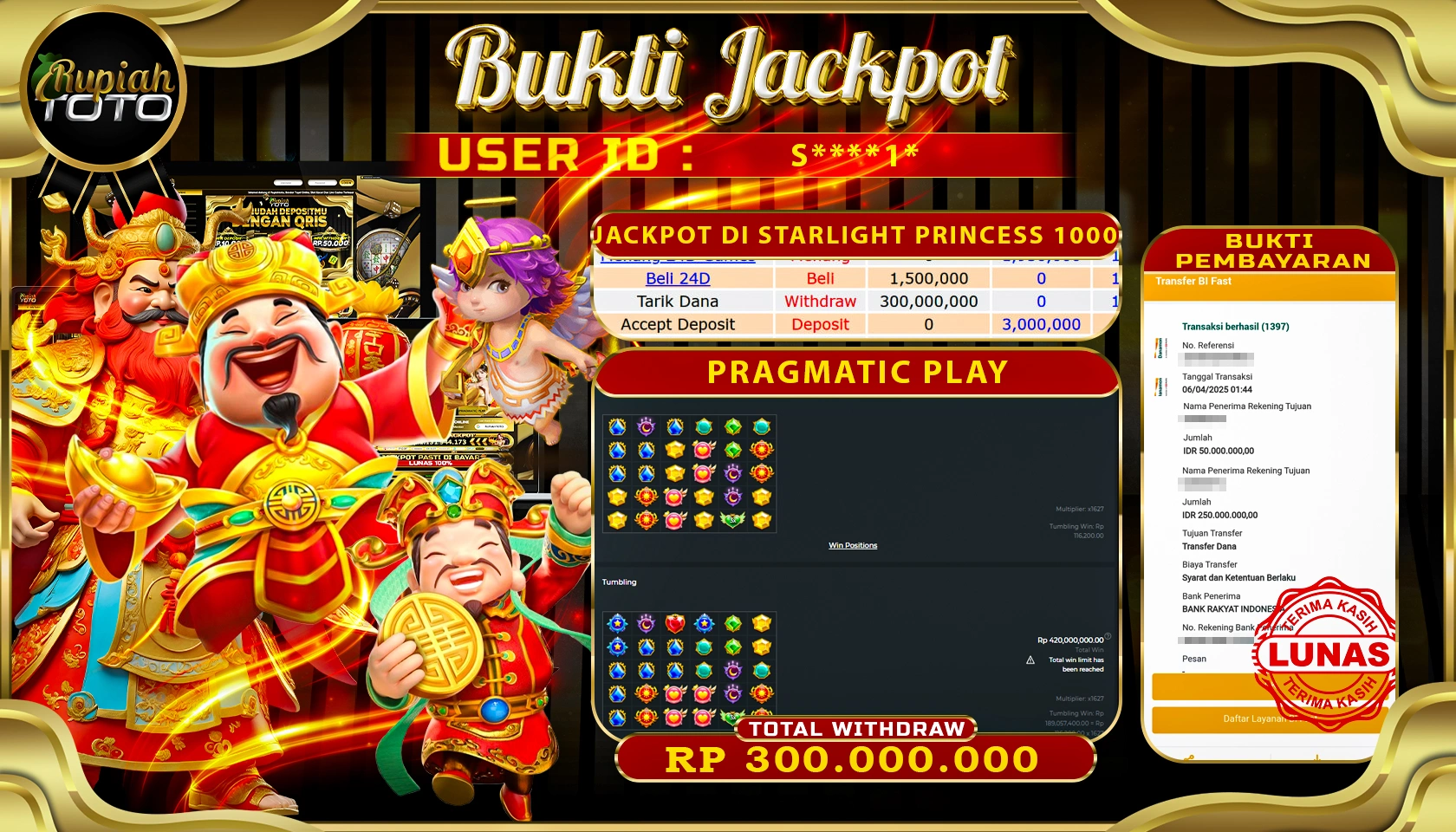 RUPIAHTOTO JACKPOT DI SLOT PRAGMATIC PLAY GAMES STARLIGHT PRINCESS 1000 RP 300.000.000 JUTA RUPIAH LUNAS