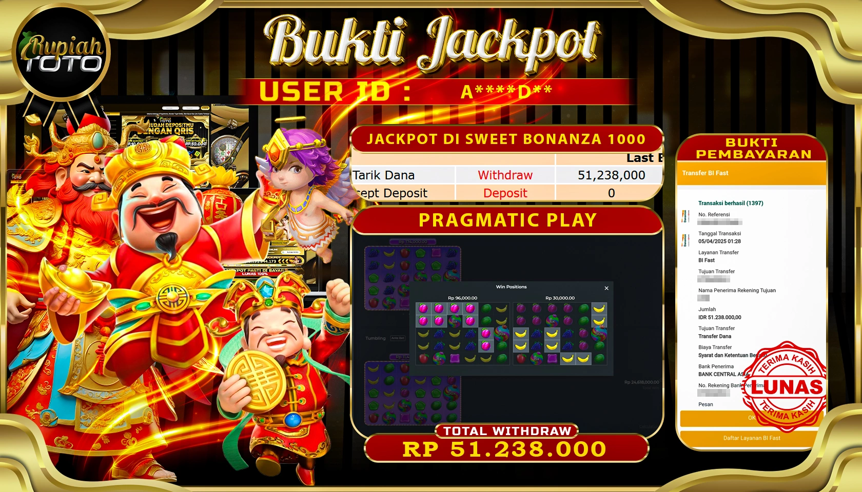 RUPIAHTOTO JACKPOT DI SLOT PRAGMATIC PLAY GAMES SWEET BONANZA 1000 RP 51.238.000 JUTA RUPIAH LUNAS