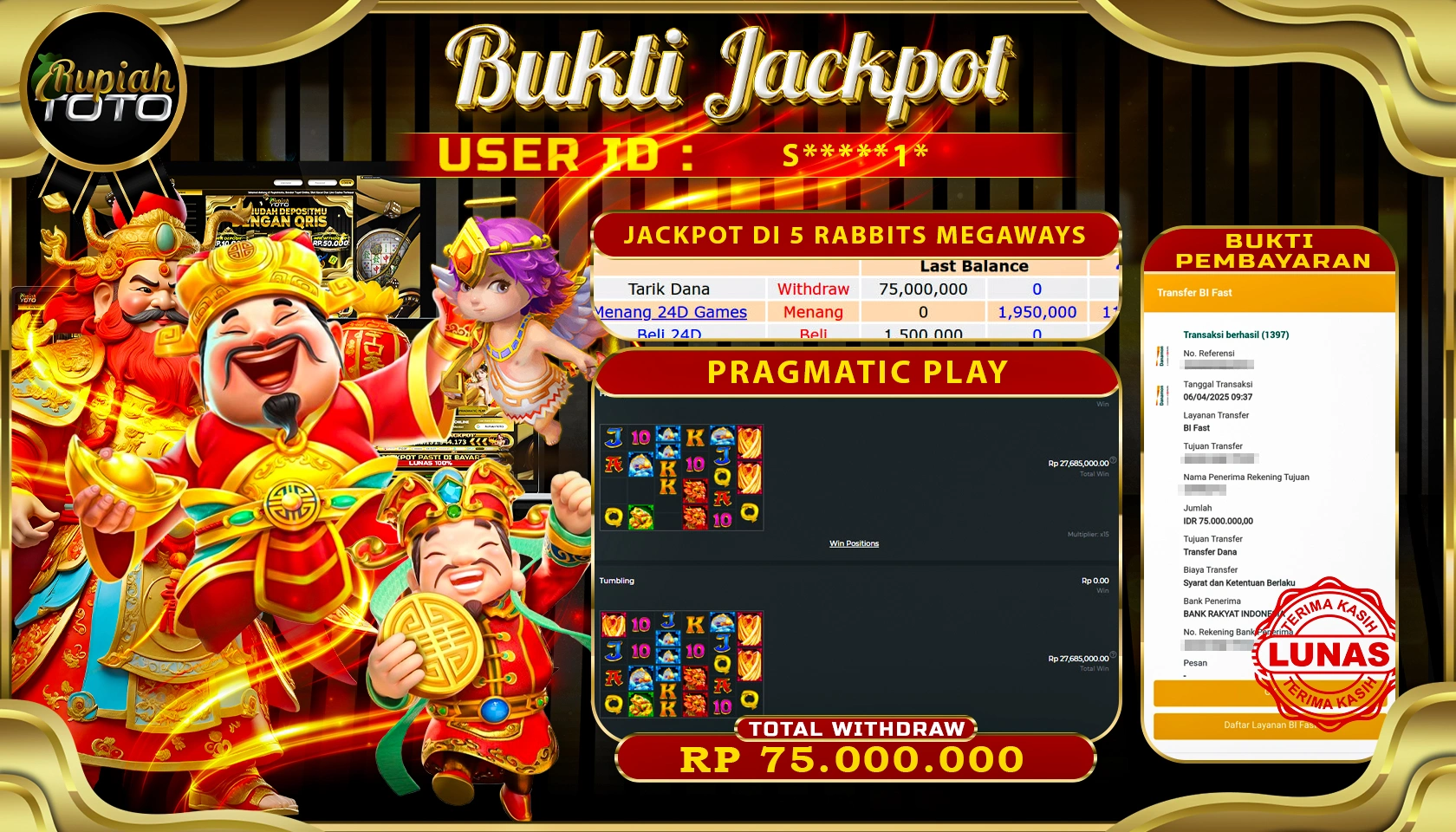 RUPIAHTOTO JACKPOT DI SLOT PRAGMATIC PLAY GAMES RABBITS MEGAWAYS  RP 75.000.000 JUTA RUPIAH LUNAS