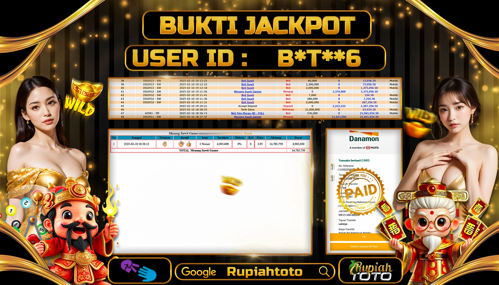 RUPIAHTOTO JACKPOT LIVE CASINO IDNLIVE GAMES SUWIT RP 21.000.000 JUTA LUNAS