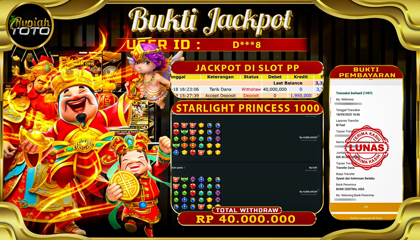 RUPIAHTOTO JACKPOT DI PRAGMATICPLAY GAME STARLIGHT PRINCESS 1000 RP 40.000.000 JUTA RUPIAH LUNAS