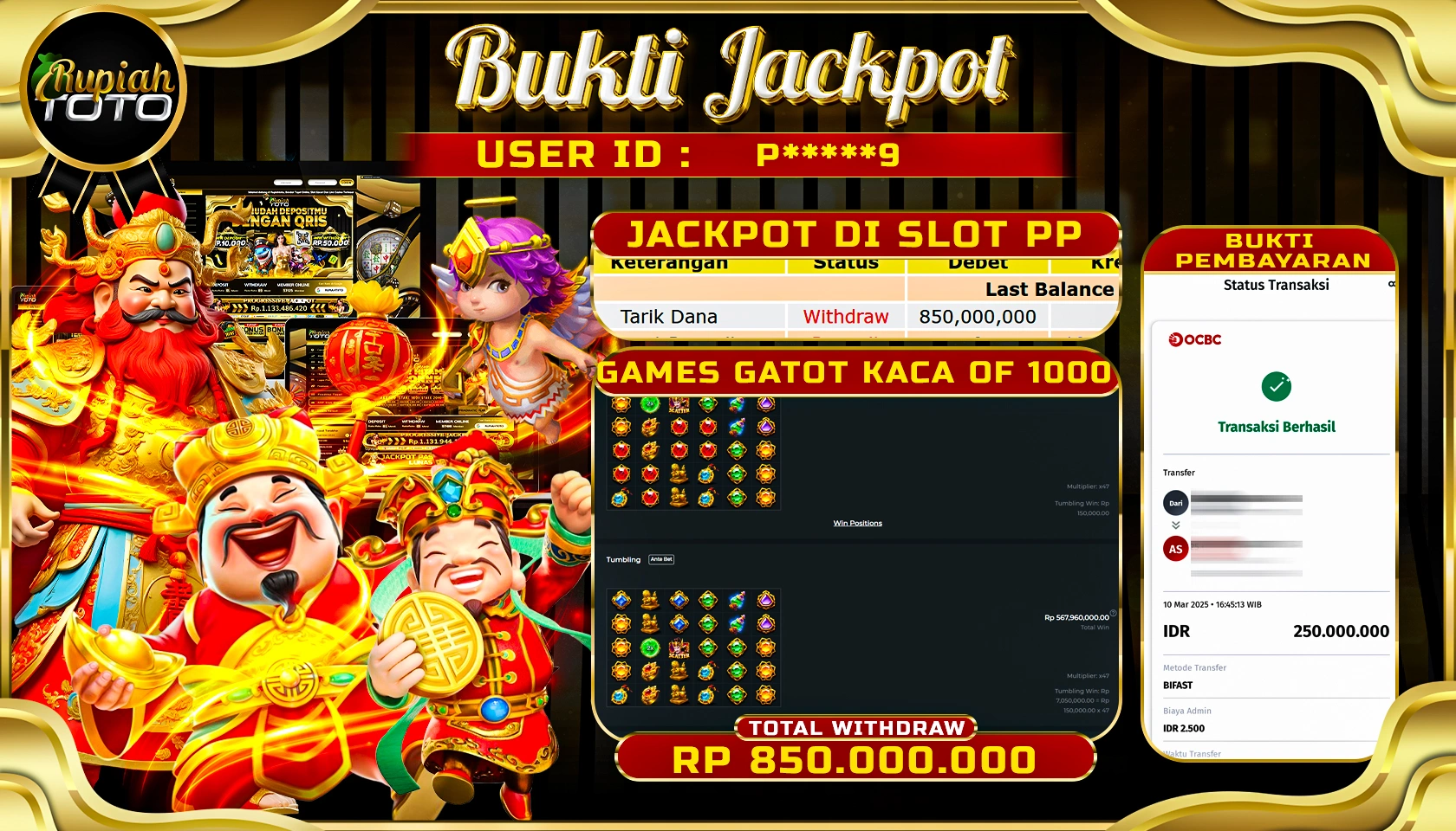RUPIAHTOTO JACKPOT SLOT PRAGMATIC PLAY GAMES GATOT KACA OF 1000 RP 850.000.000 RATUS JUTA RUPIAH LUNAS