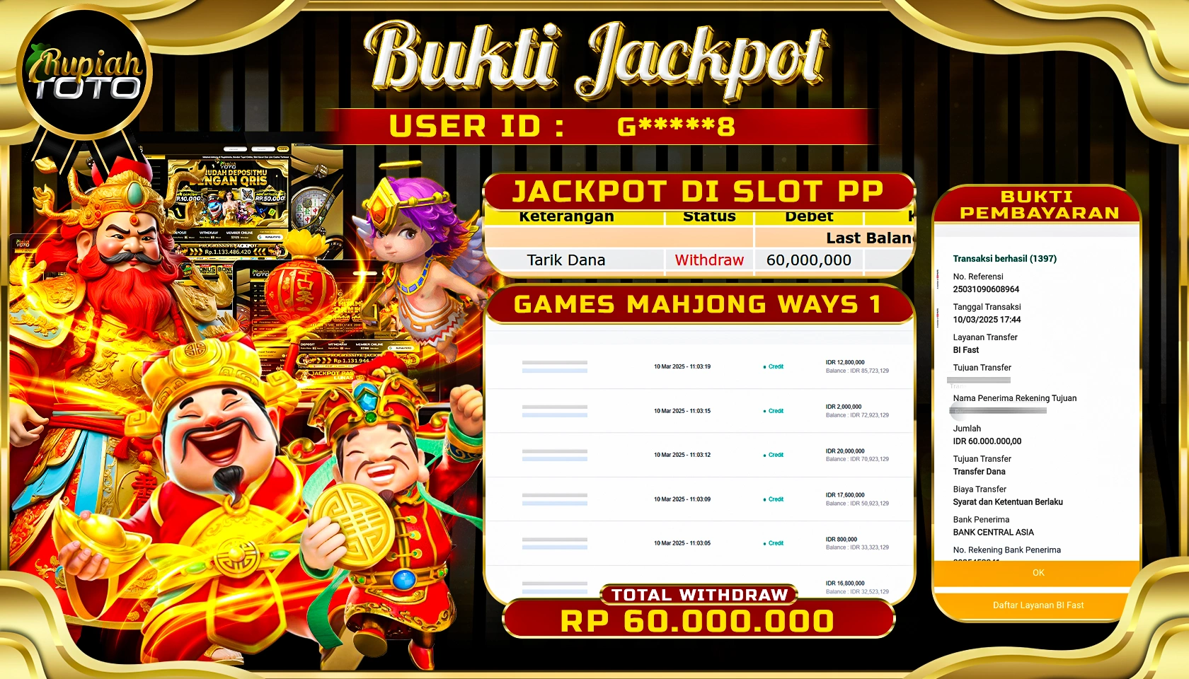 RUPIAHTOTO JACKPOT SLOT PRAGMATIC PLAY GAMES MAHJONG WAYS 1 RP 60.000.000 JUTA RUPIAH LUNAS