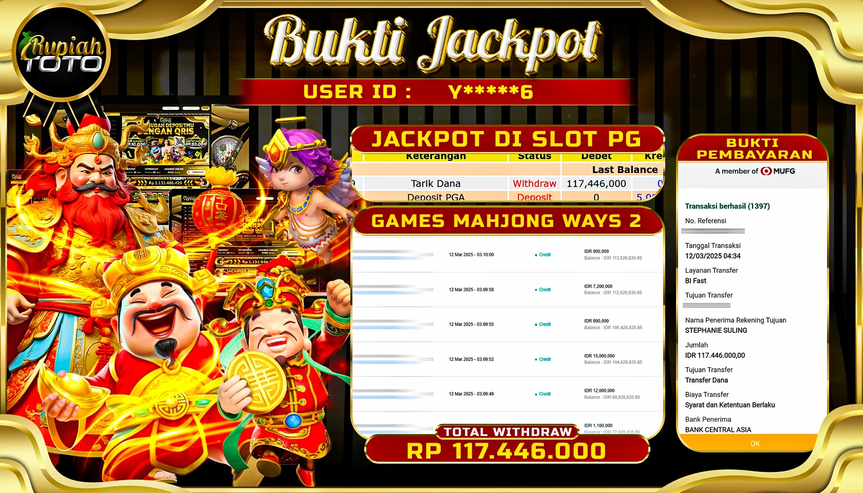 RUPIAHTOTO JACKPOT DI SLOT PG SOFT GAMES MAHJONG WAYS 2  RP 117.446.000 JUTA RUPIAH LUNAS