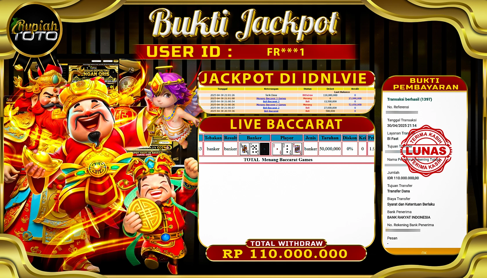 RUPIAHTOTO JACKPOT DI CASINO GAME LIVE BACCRAT RP 110.000.000 JUTA RUPIAH LUNAS