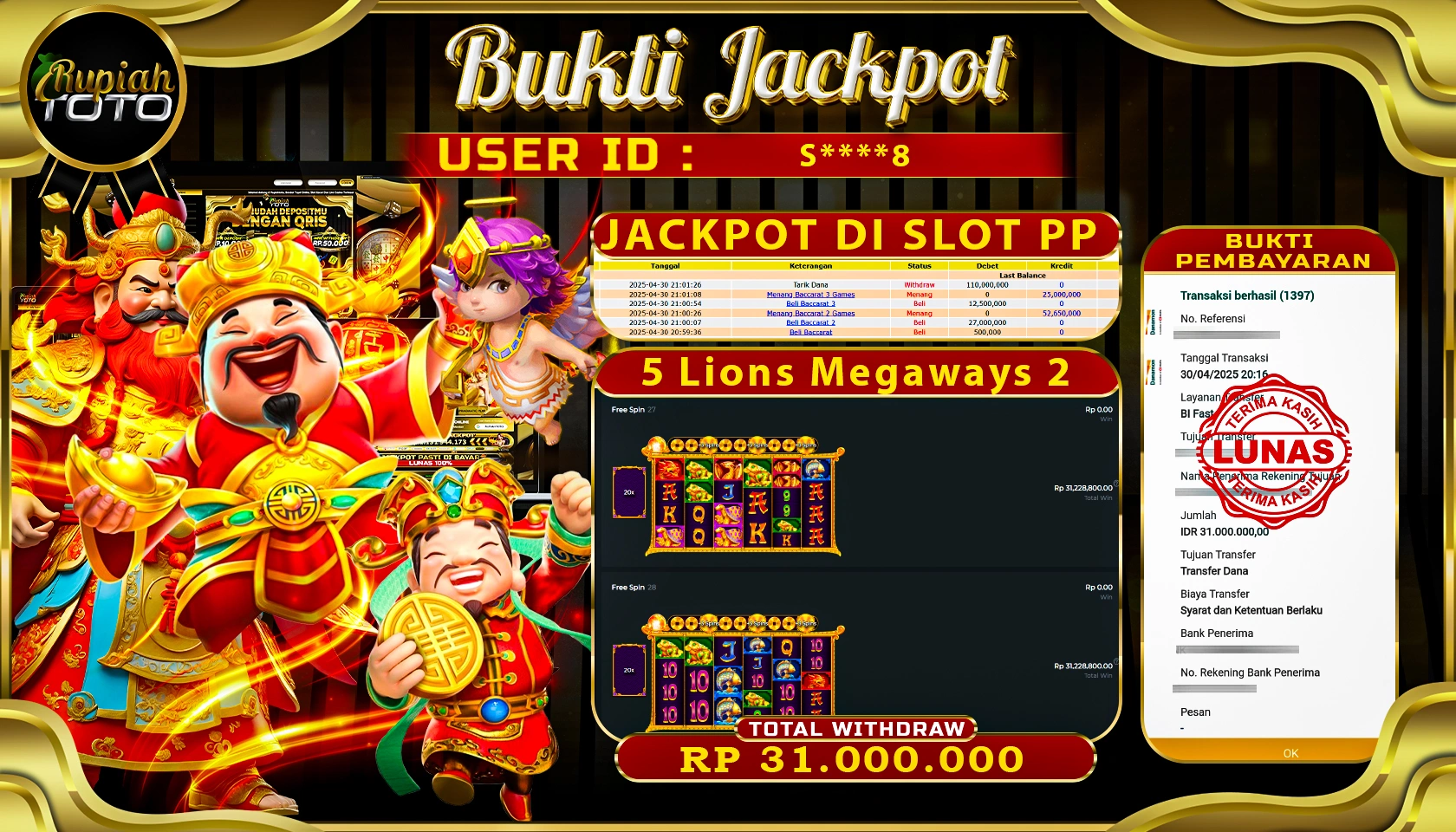 RUPIAHTOTO JACKPOT DI PRAGMATIC PLAY GAME SLOT 5 LIONS MEGAWAYS 2 RP 31.000.000 JUTA RUPIAH LUNAS
