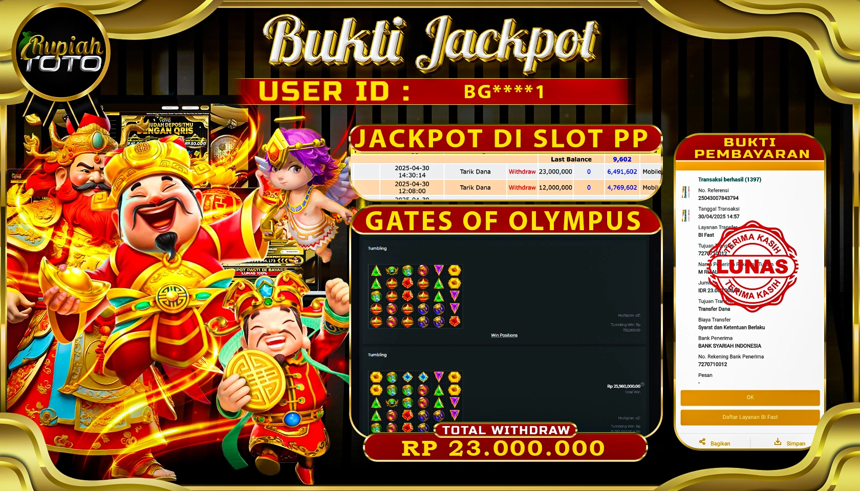 RUPIAHTOTO JACKPOT DI PRAGMATIC PLAY GAME SLOT GATE OF OLYMPUS RP 23.000.000 JUTA RUPIAH LUNAS