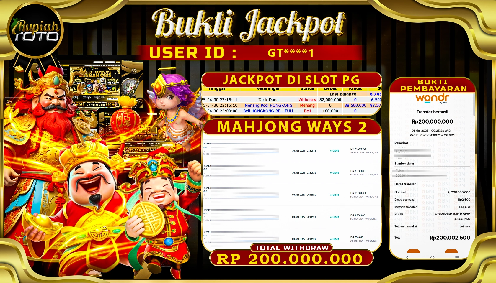 RUPIAHTOTO JACKPOT DI PGSOFT GAME MAHJONG WAYS 2  RP 200.000.000 JUTA RUPIAH LUNAS