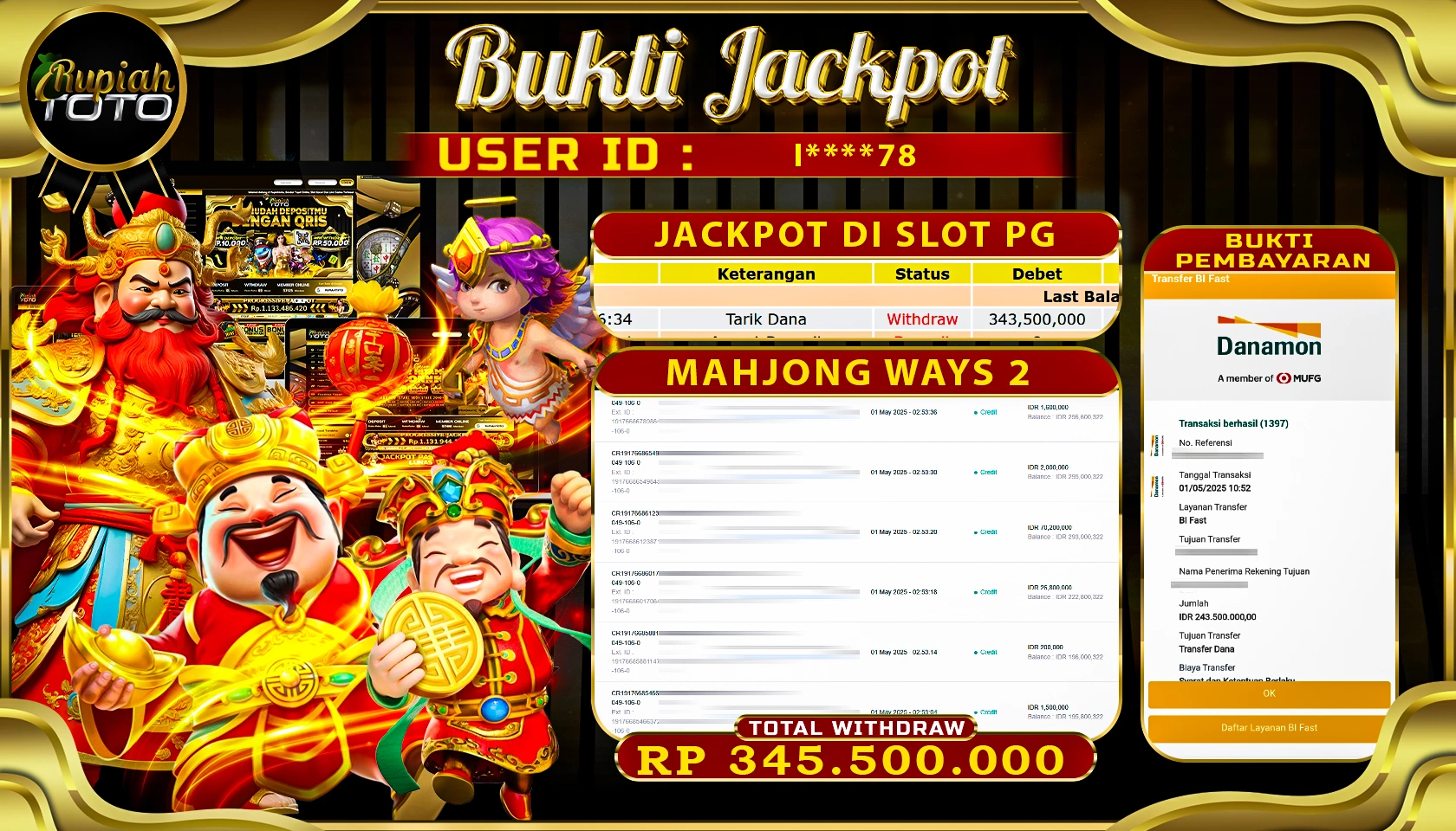 RUPIAHTOTO JACKPOT DI PGSOFT GAME MAHJONG WAYS 2  RP 345.500.000 JUTA RUPIAH LUNAS