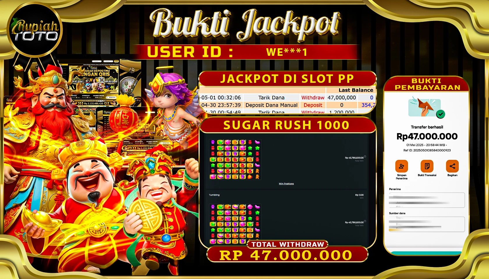 RUPIAHTOTO JACKPOT DI PRAGMATIC PLAY GAME SUGAR  RUSH 1000 RP 47.000.000 JUTA RUPIAH LUNAS