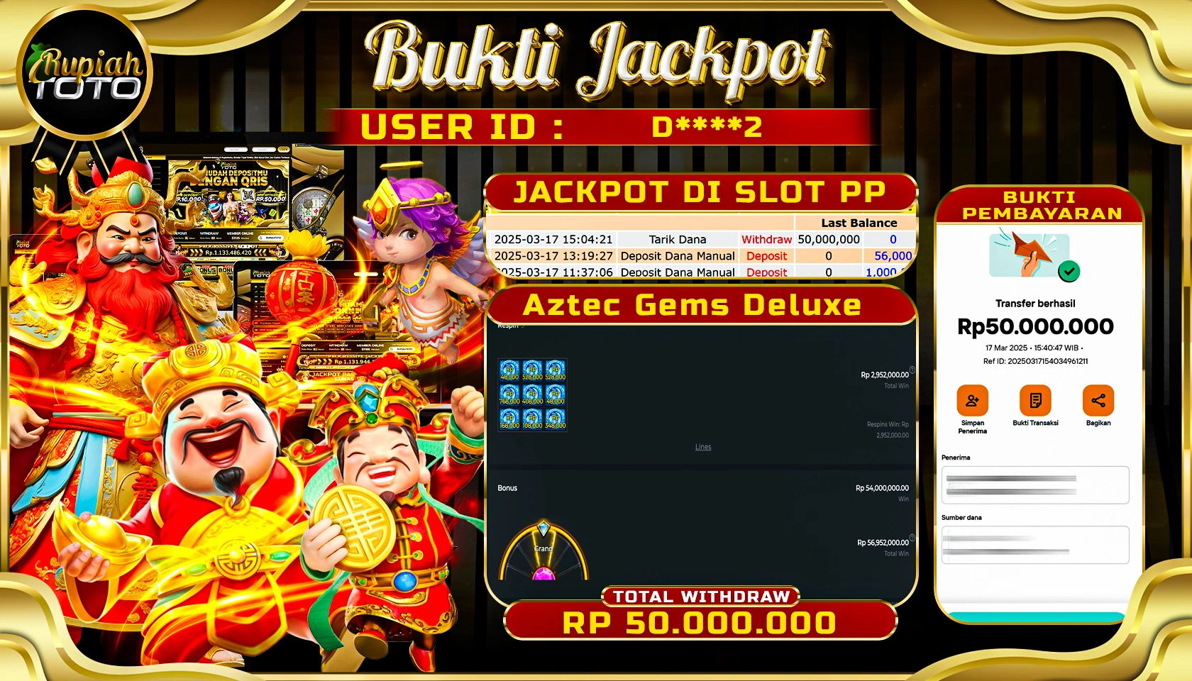 RUPIAHTOTO JACKPOT SLOT PRAGMATIC PLAY GAMES AZTEC GEMS DELUXE  RP 50.000.000 JUTA RUPIAH LUNAS