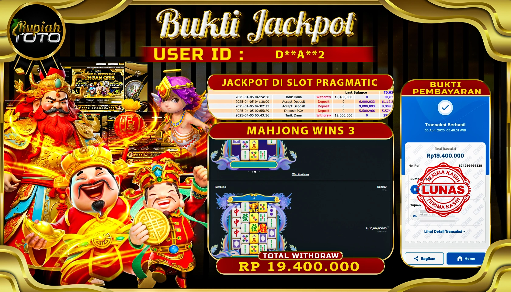 RUPIAHTOTO JACKPOT DI CASINO PRAGMATIC PLAY GAMES MAHJONG WINS 3 RP 19.400.000 JUTA RUPIAH LUNAS