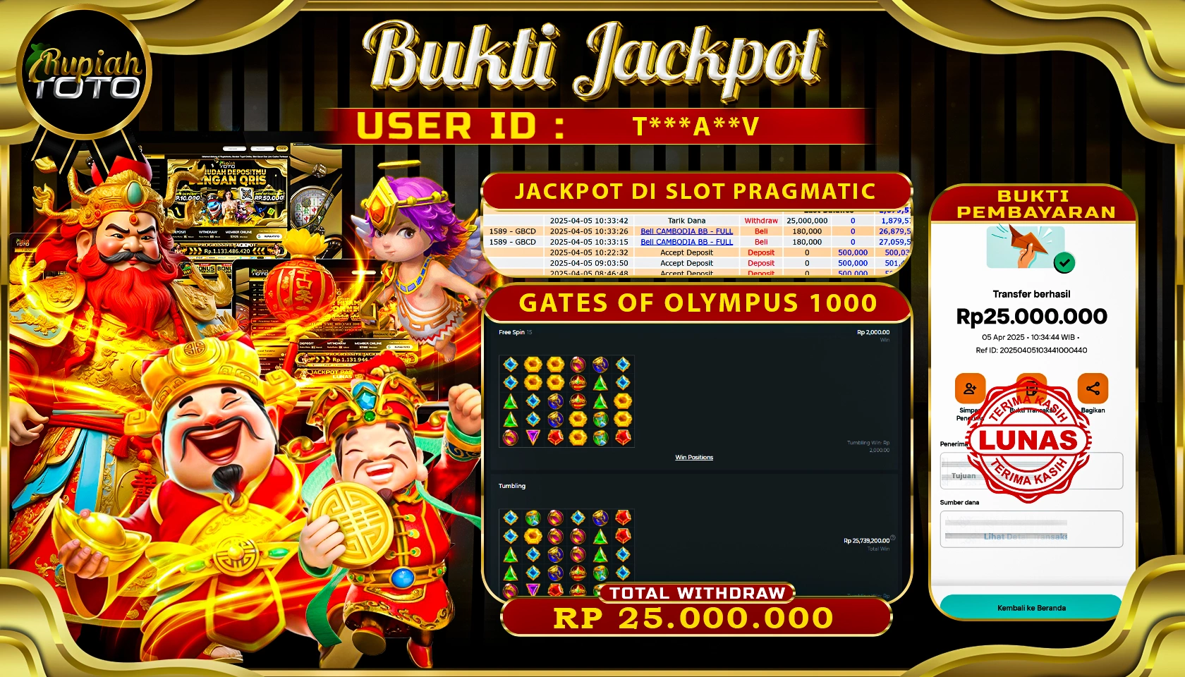 RUPIAHTOTO JACKPOT DI CASINO PRAGMATIC PLAY GAMES GATES OF OLYMPUS 1000 RP 25.000.000 JUTA RUPIAH LUNAS