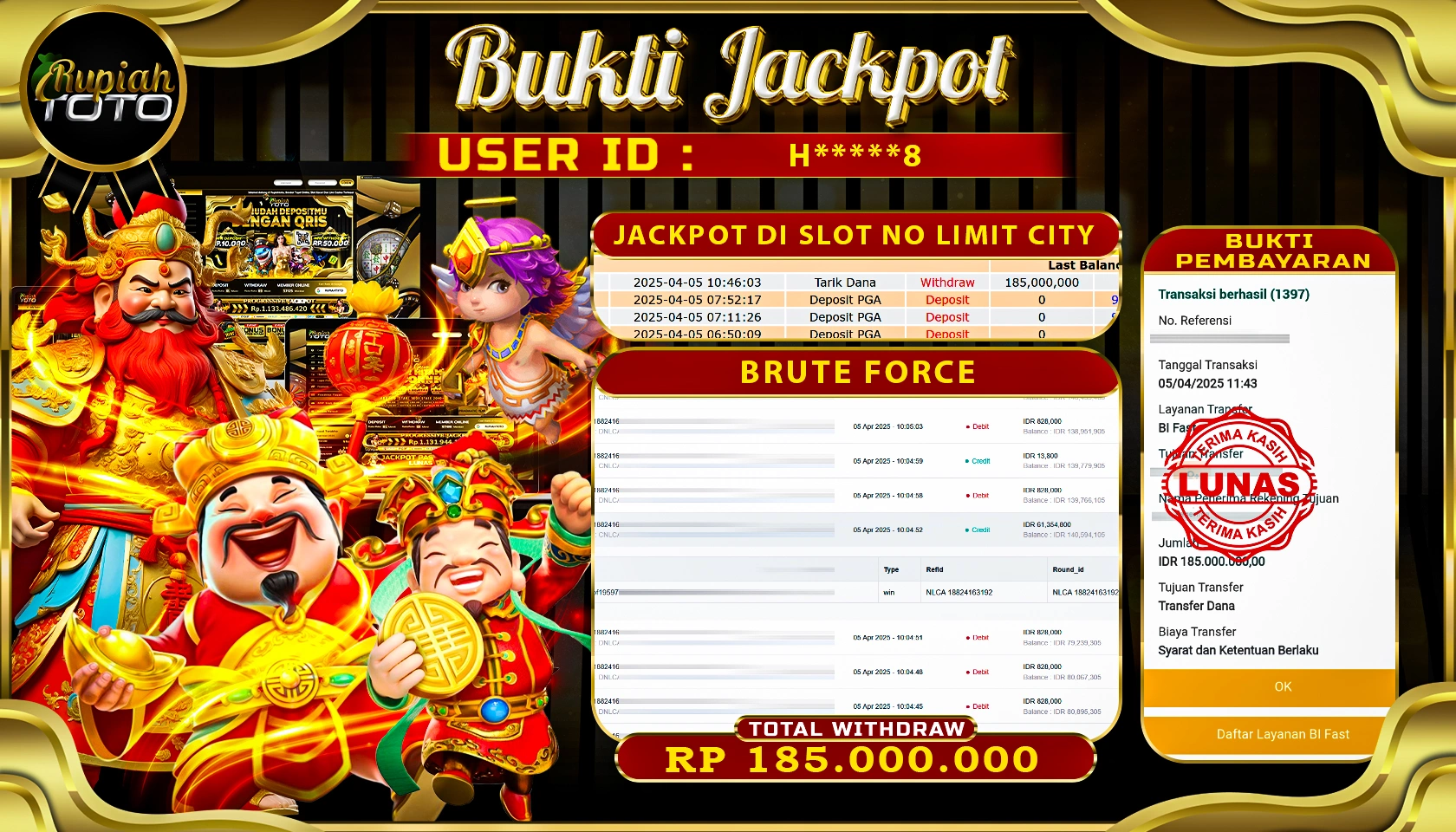 RUPIAHTOTO JACKPOT DI SLOT NO LIMIT CITY GAMES BRUTE FORCE RP 185.000.000 JUTA RUPIAH LUNAS
