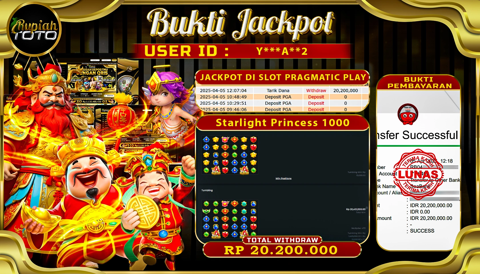 RUPIAHTOTO JACKPOT DI CASINO PRAGMATIC PLAY GAMES STARLIGHT PRINCESS 1000 RP 20.200.000 JUTA RUPIAH LUNAS