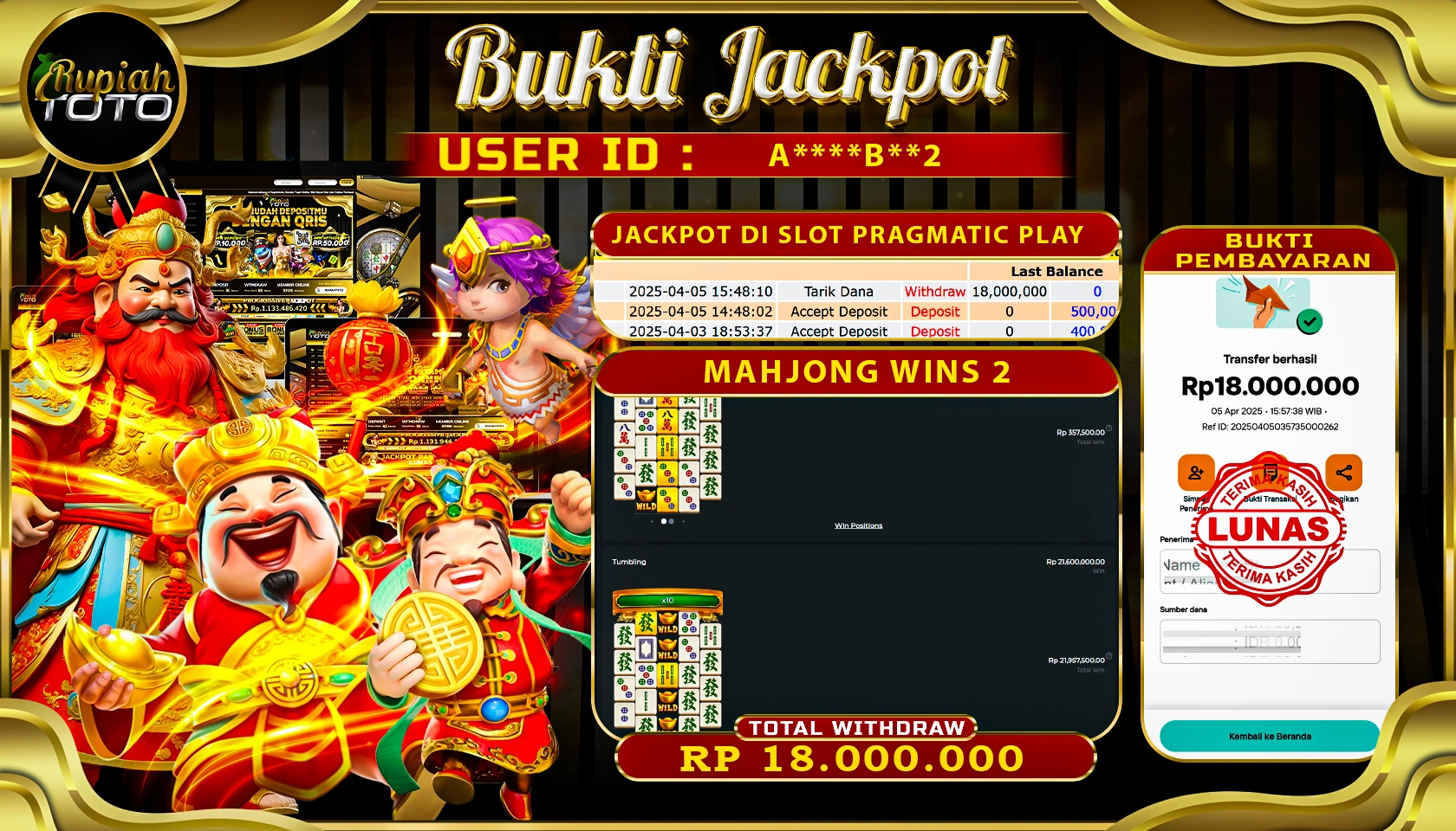 RUPIAHTOTO JACKPOT DI CASINO PRAGMATIC PLAY GAMES MAHJONG WINS 2 RP 18.000.000 JUTA RUPIAH LUNAS