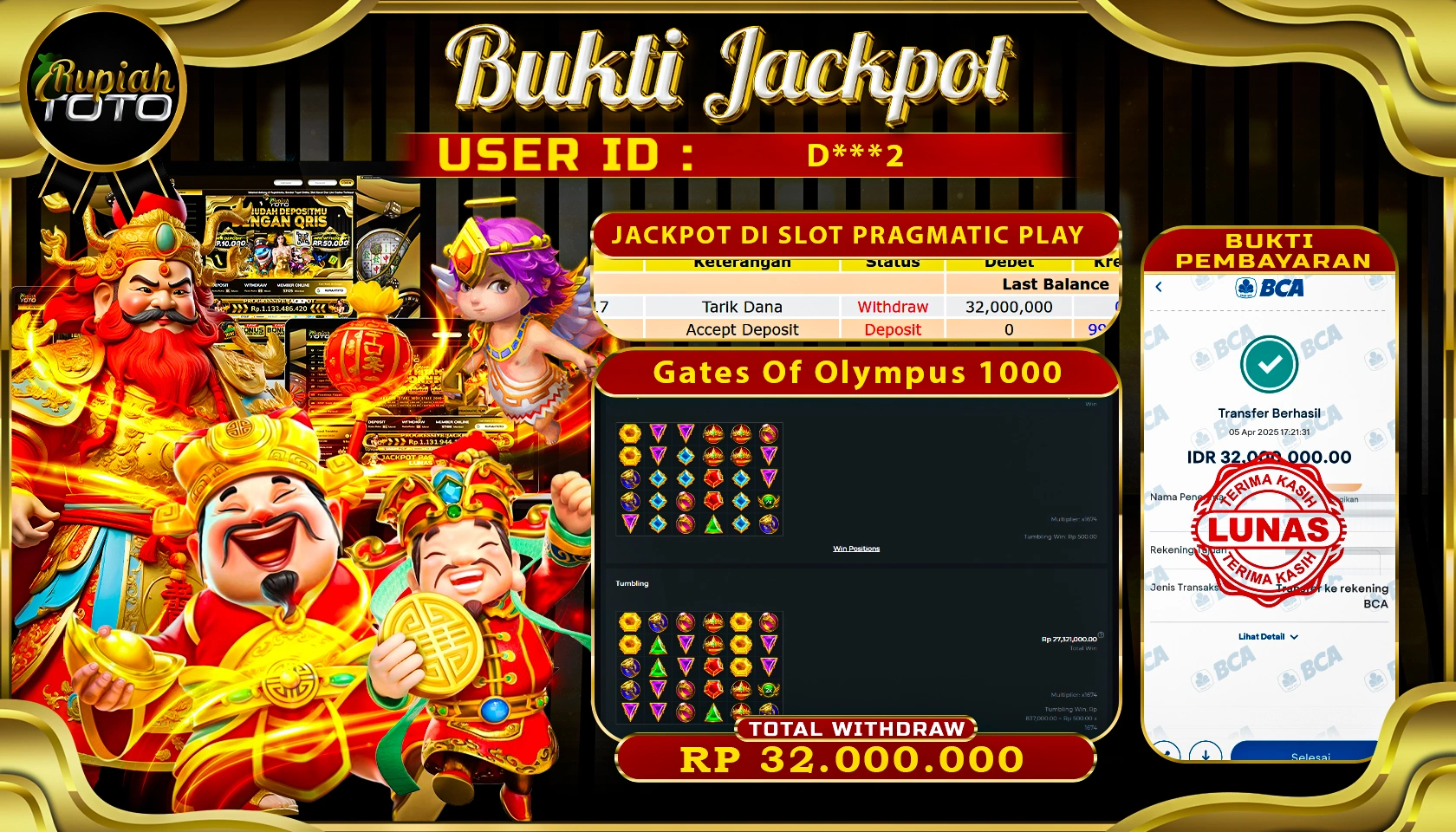 RUPIAHTOTO JACKPOT DI CASINO PRAGMATIC PLAY GAMES GATES OF OLYMPUS 1000 RP 32.000.000 JUTA RUPIAH LUNAS