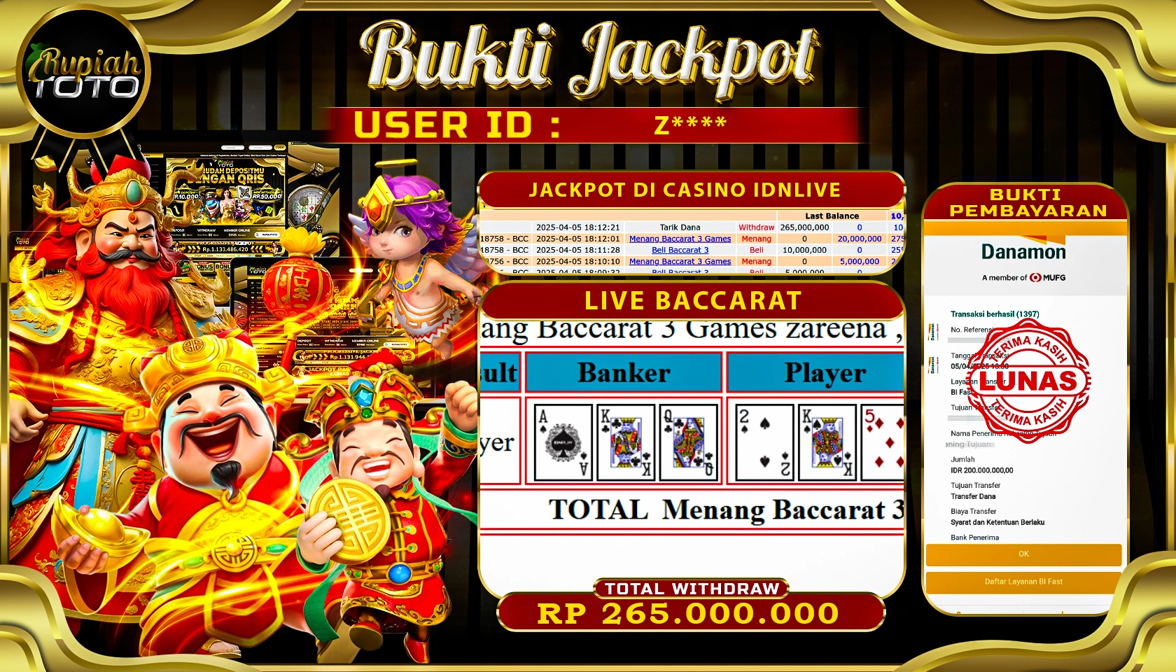RUPIAHTOTO JACKPOT DI CASINO IDNLIVE GAMES LIVE BACCARAT RP 265.000.0000 JUTA RUPIAH LUNAS