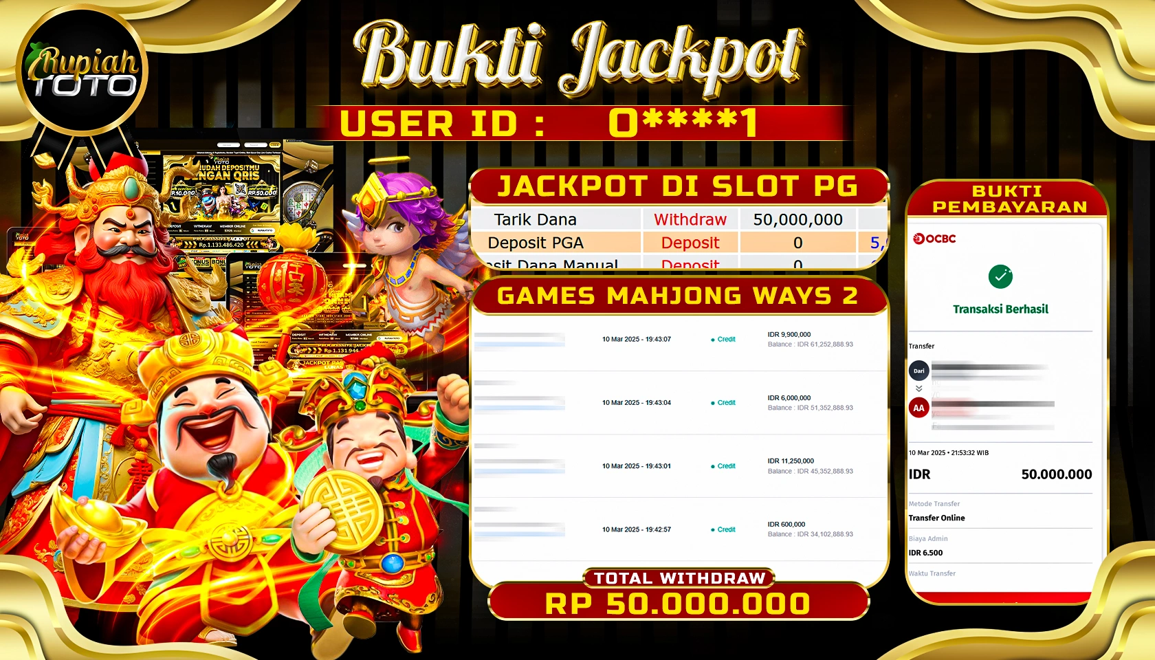 RUPIAHTOTO JACKPOT SLOT PG SOFT GAMES MAHJONG WAYS 2 RP 50.000.000 JUTA RUPIAH LUNAS