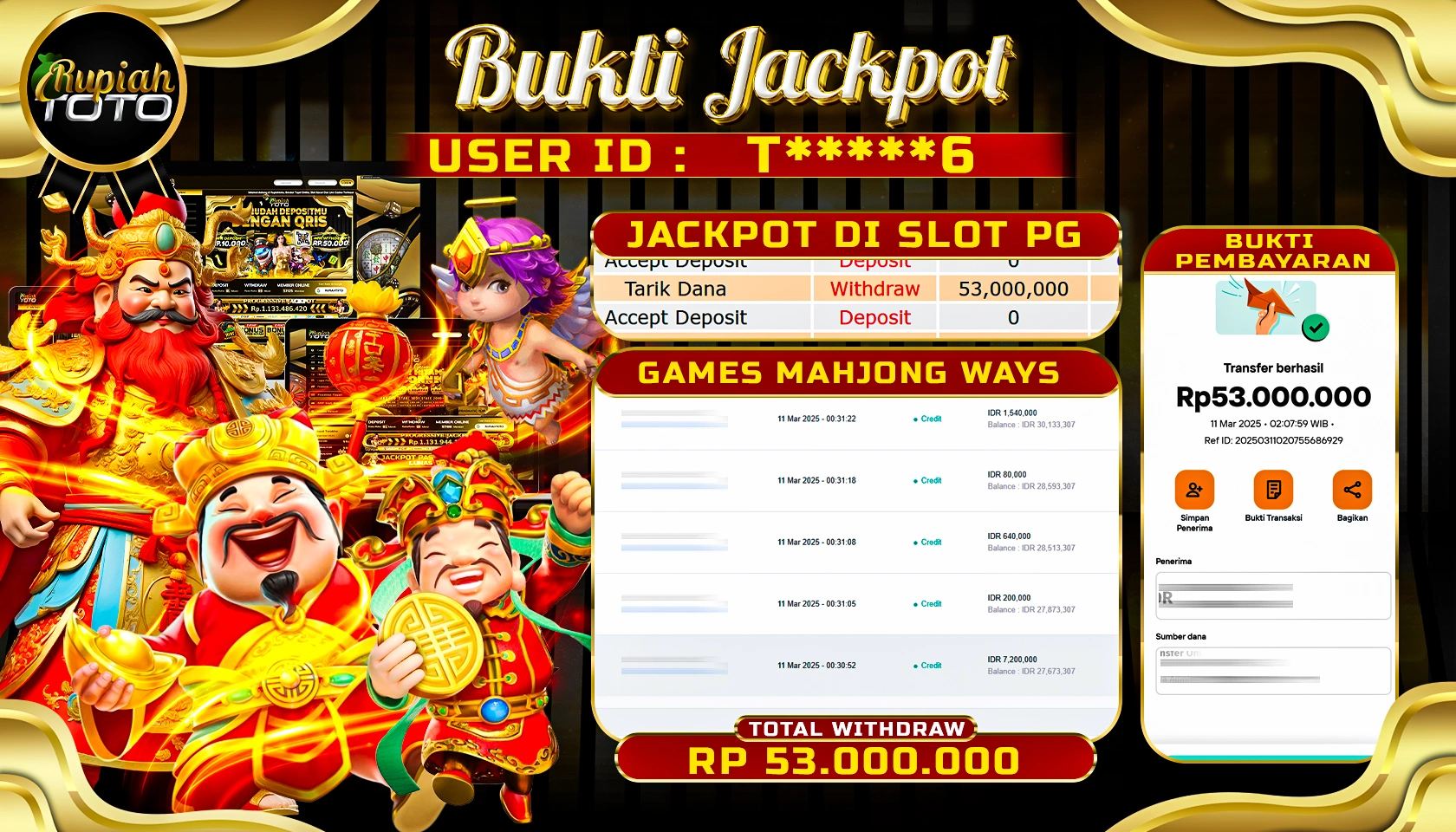 RUPIAHTOTO JACKPOT SLOT PG SOFT GAMES MAHJONG WAYS  RP 53.000.000 JUTA RUPIAH LUNAS