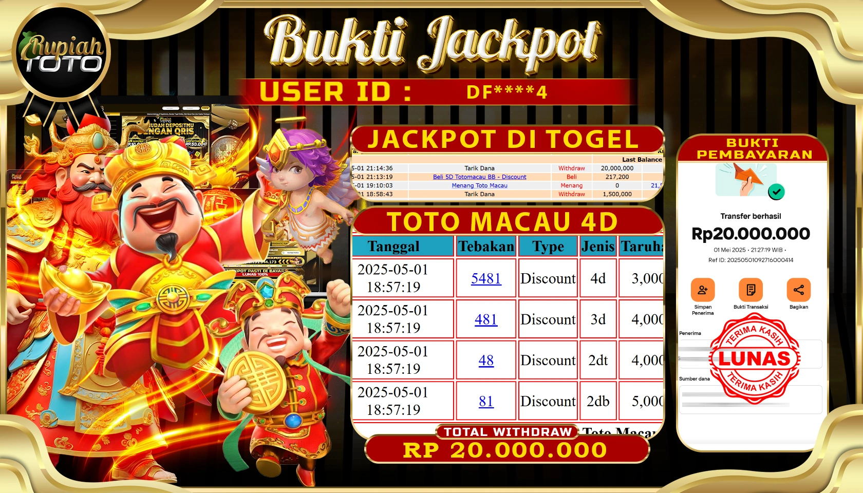 RUPIAHTOTO JACKPOT DI TOGEL PASARAN TOTOMACAU 4D  RP 20.000.000 JUTA RUPIAH LUNAS