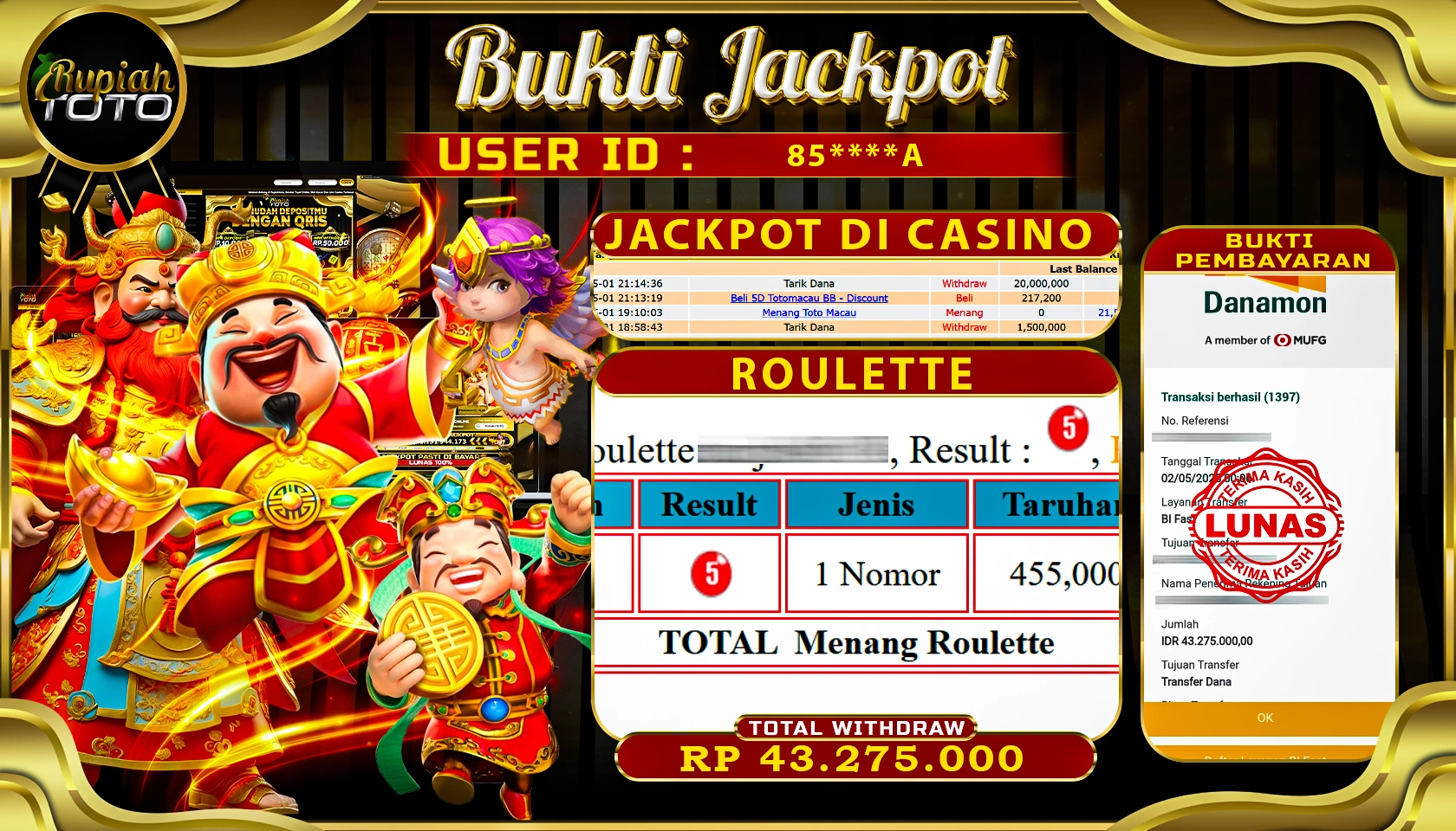 RUPIAHTOTO JACKPOT DI CASINO GAME LIVE ROULETTE  RP 43.275.000 JUTA RUPIAH LUNAS