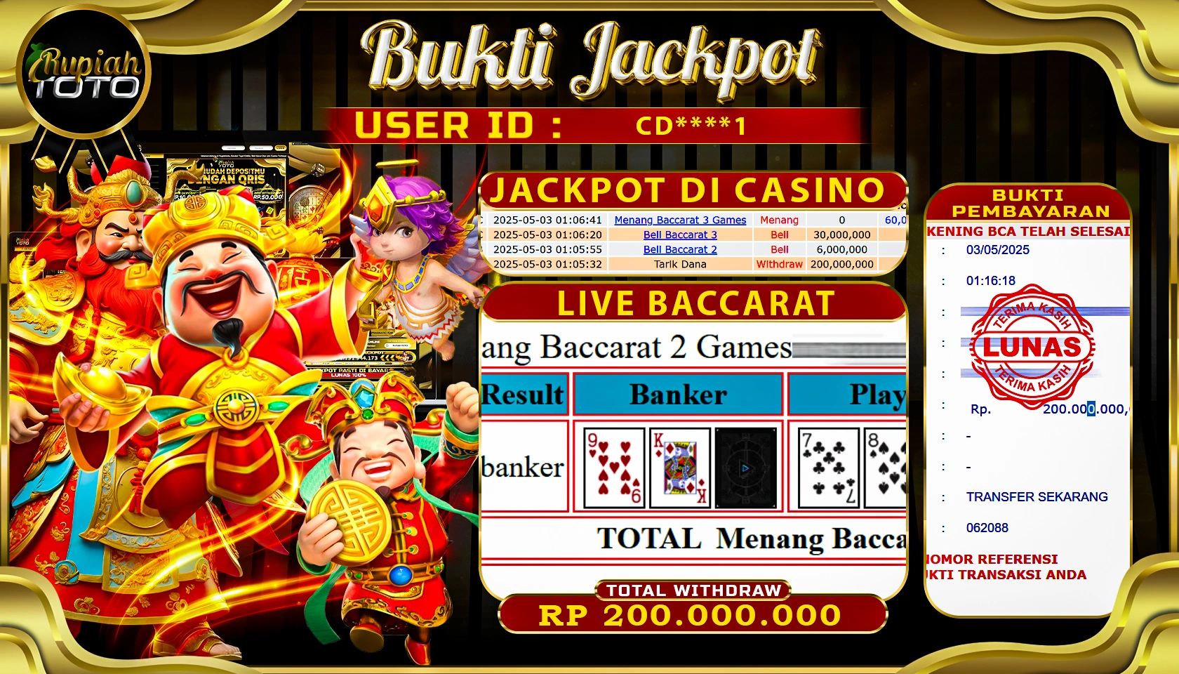 RUPIAHTOTO JACKPOT DI CASINO GAME LIVE BACCARAT RP 200.000.000 JUTA RUPIAH LUNAS