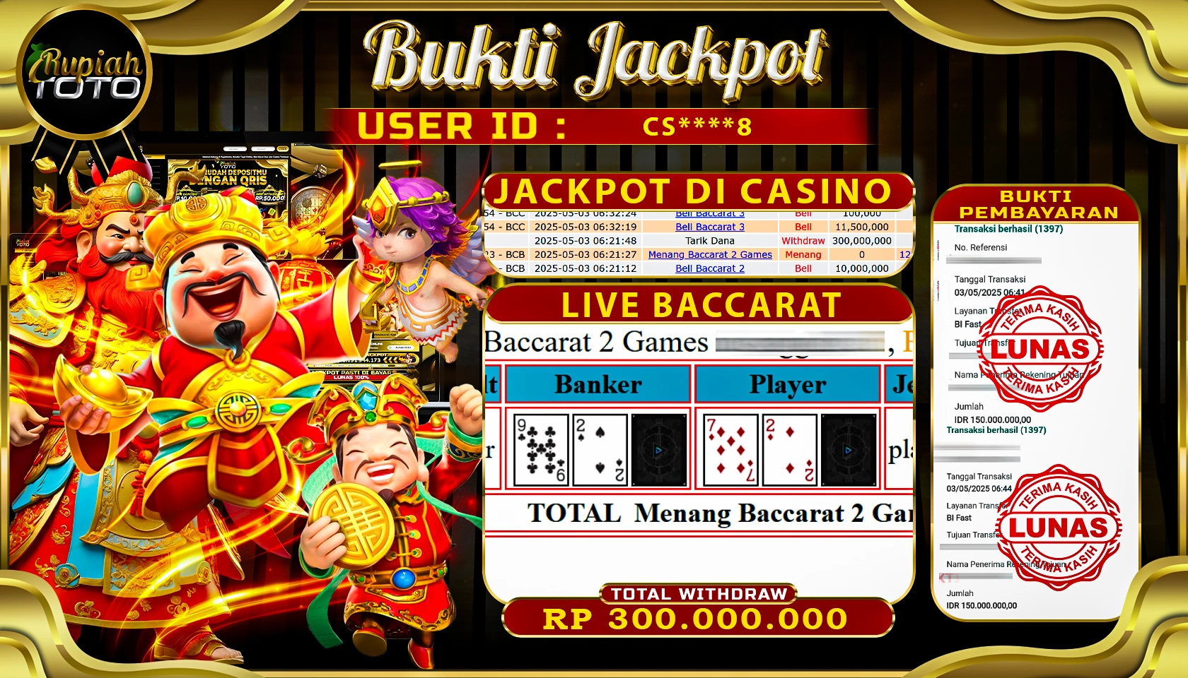 RUPIAHTOTO JACKPOT DI CASINO GAME LIVE BACCARAT RP 300.000.000 JUTA RUPIAH LUNAS