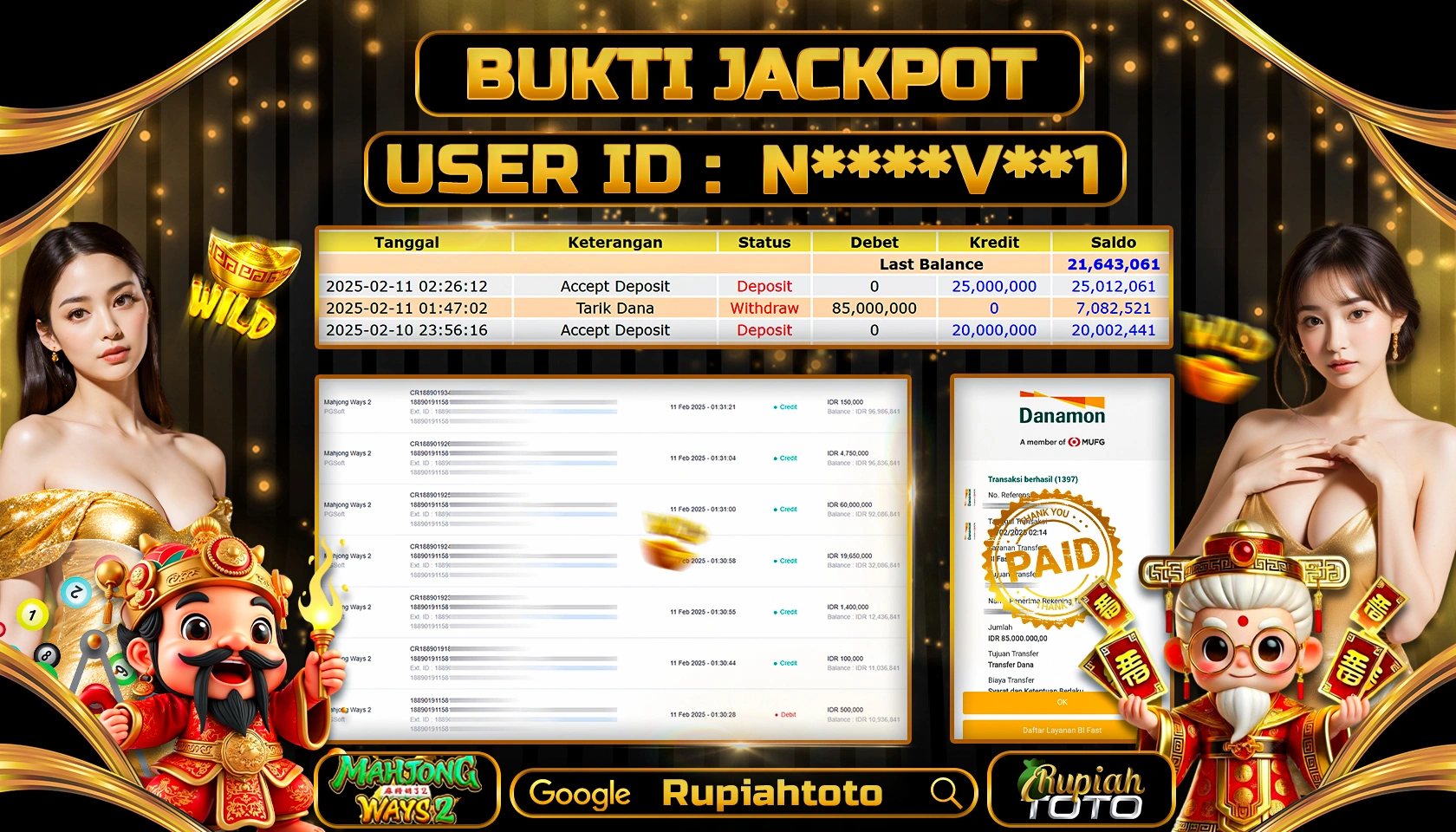 RUPIAHTOTO JACKPOT SLOT GAMES MAHJONG WAYS 2 RP 85.000.000 JUTA LUNAS