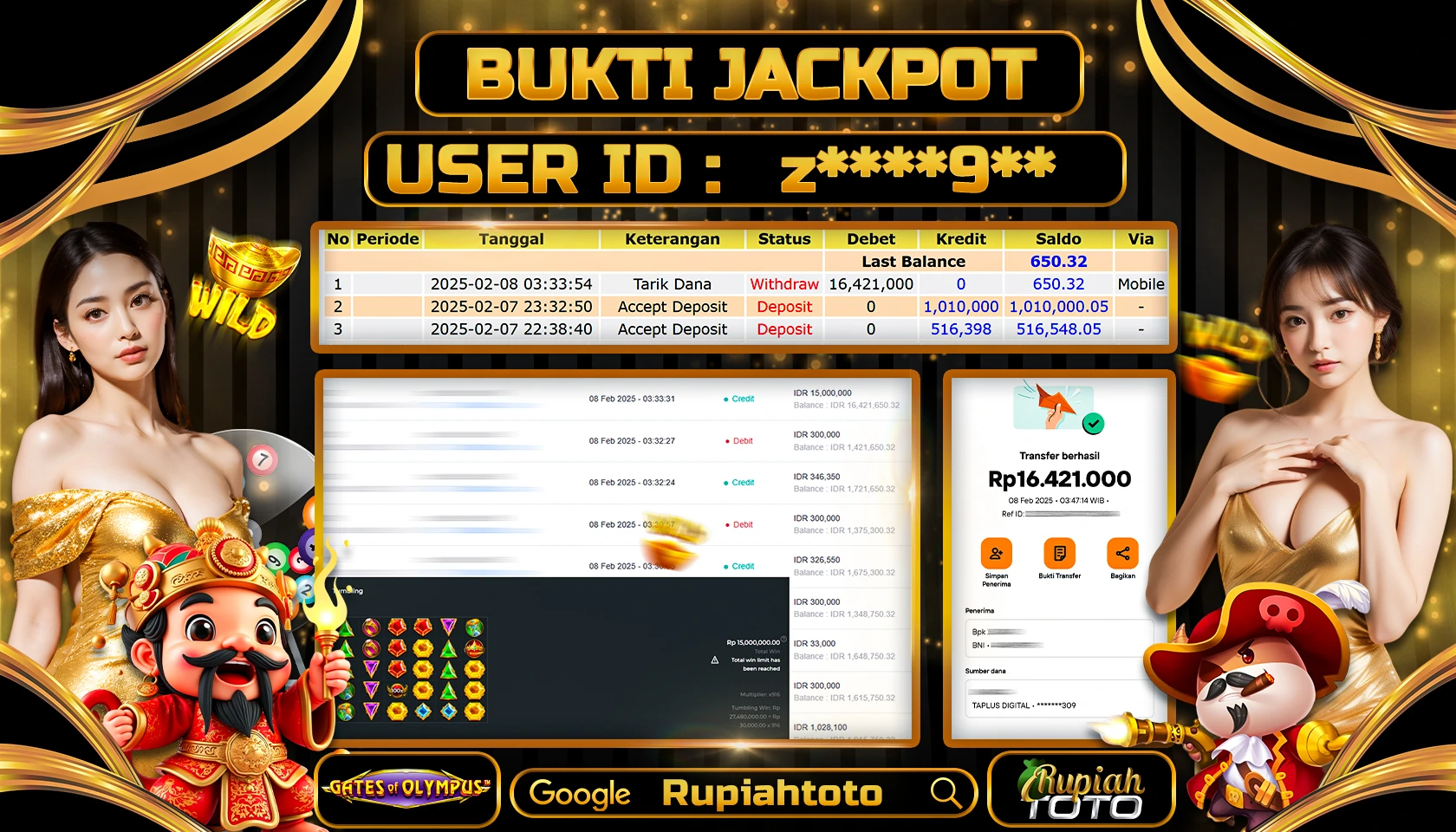 RUPIAHTOTO JACKPOT SLOT GAMES GATES OF OLYMPUS RP 16.421.000 JUTA LUNAS
