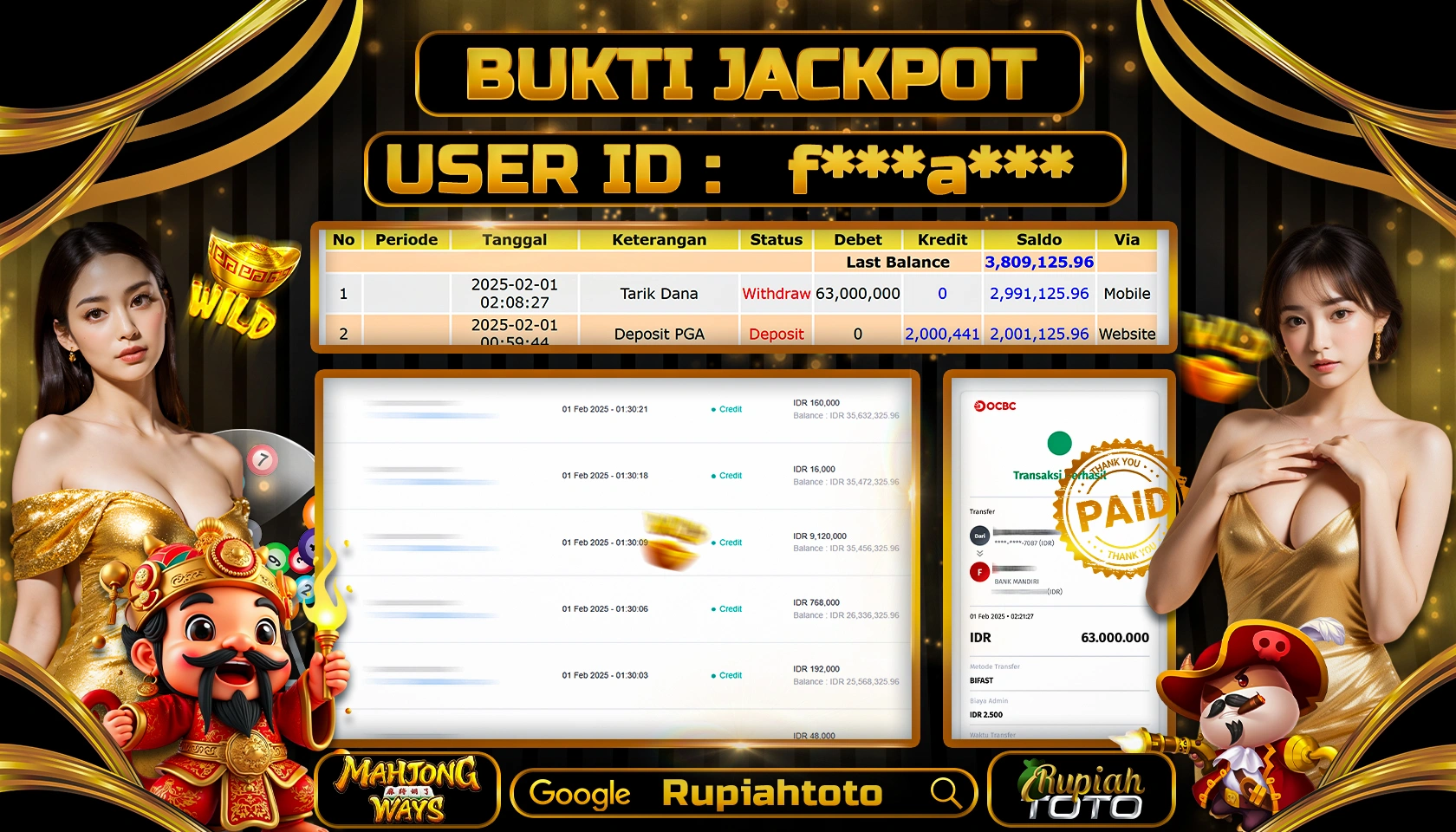 RUPIAHTOTO JACKPOT SLOT GAMES MAHJONG WAYS 1 RP 63.00.000 JUTA LUNAS