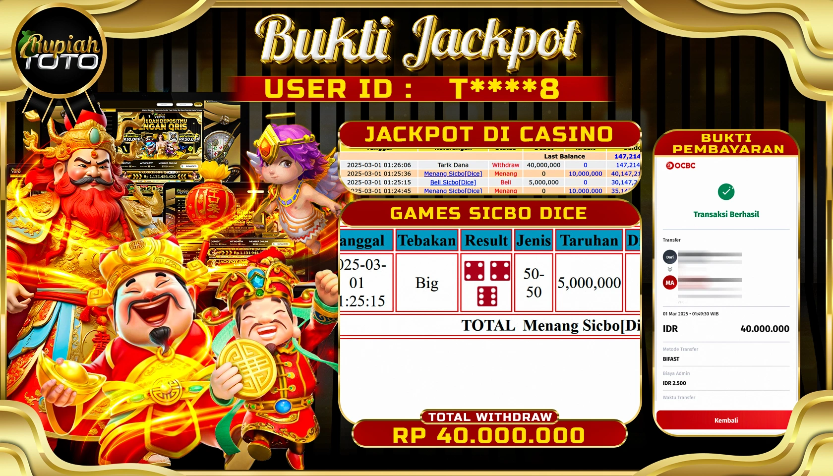 RUPIAHTOTO JACKPOT CASINO IDNLIVE GAMES SICBO DICE RP 40.000.000 JUTA LUNAS