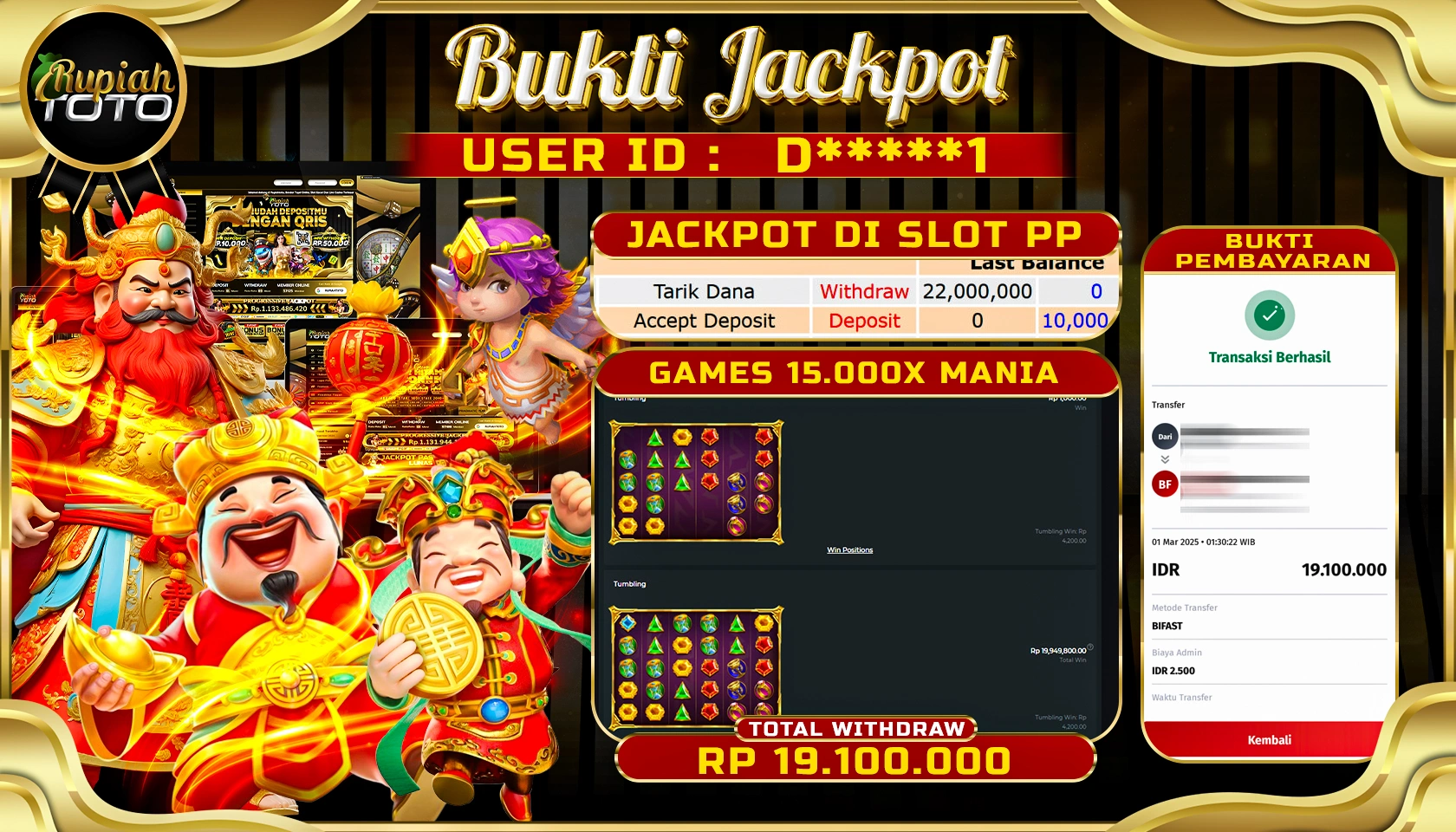 RUPIAHTOTO JACKPOT SLOT PRAGMATIC PLAY GAMES 15.000X MANIA  RP 19.100.000 JUTA LUNAS