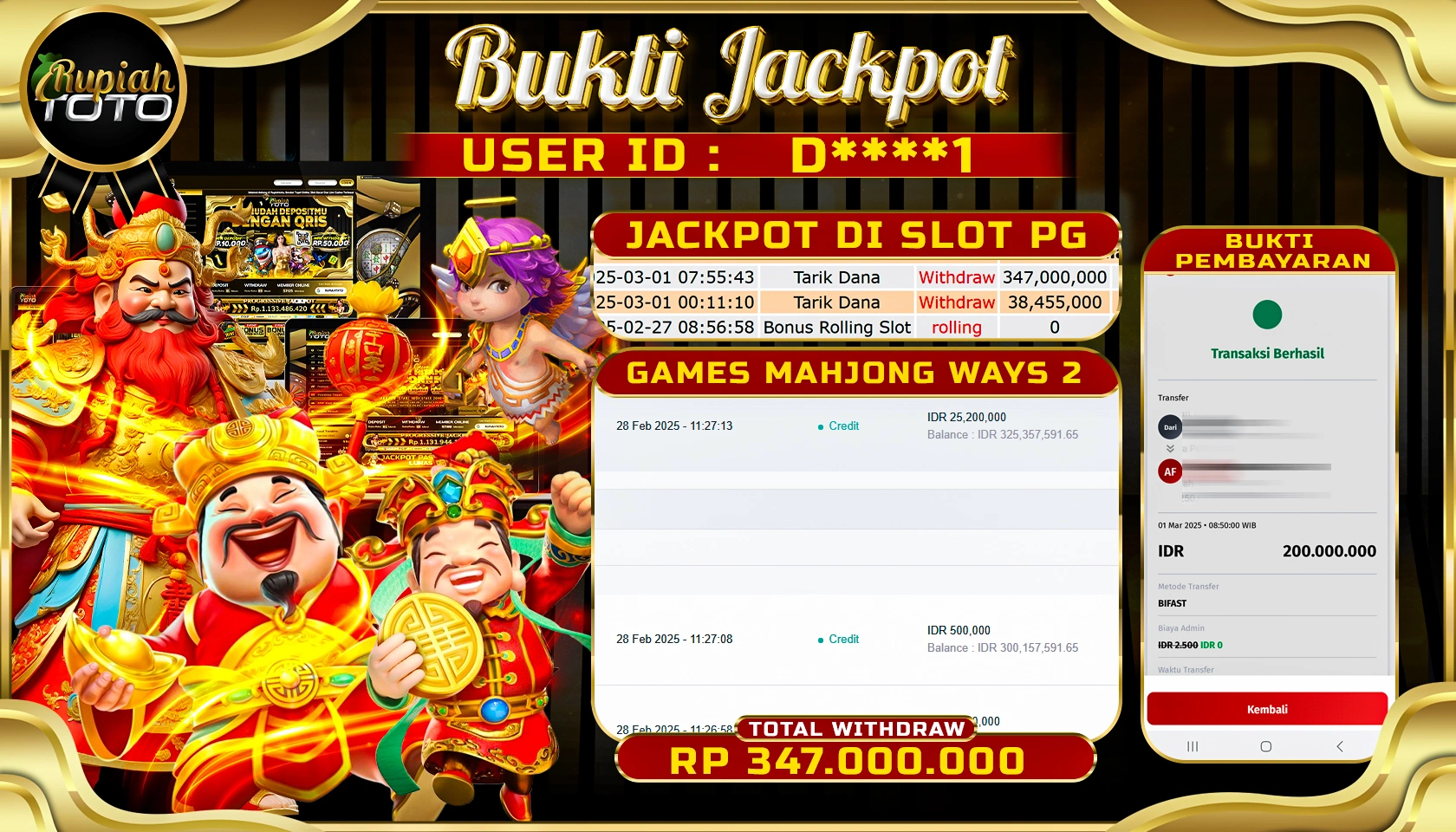 RUPIAHTOTO JACKPOT SLOT PG SOFT GAMES MAHJONG WAYS 2 RP 347.000.000 RATUS JUTA LUNAS