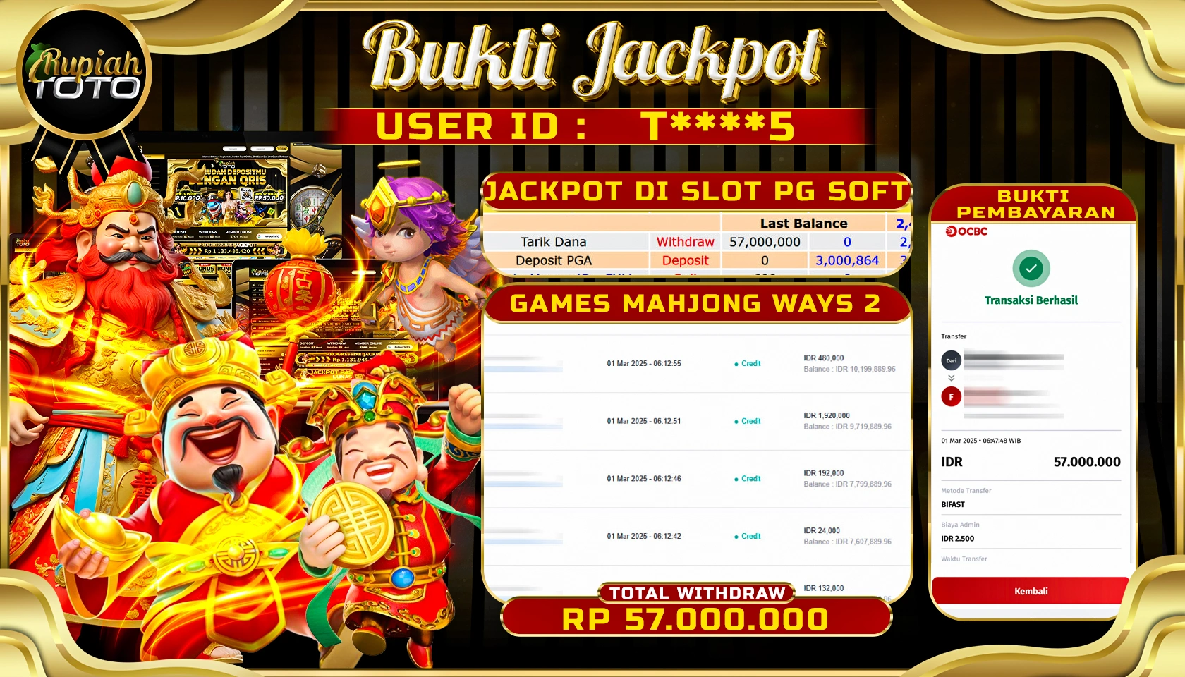 RUPIAHTOTO JACKPOT SLOT PG SOFT GAMES MAHJONG WAYS 2 RP 57.000.000 JUTA LUNAS