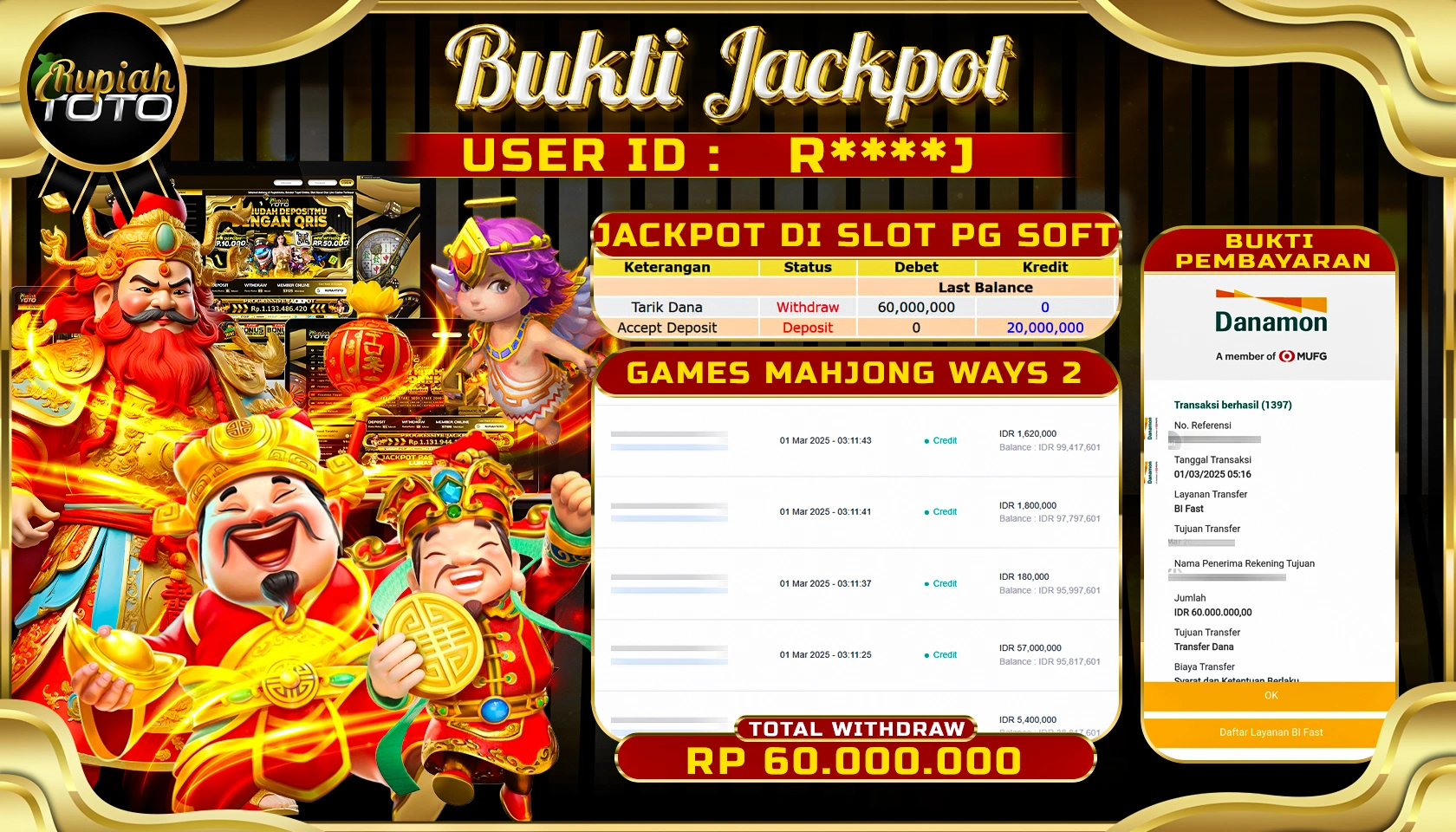 RUPIAHTOTO JACKPOT SLOT PG SOFT GAMES MAHJONG WAYS 2 RP 60.000.000 JUTA LUNAS