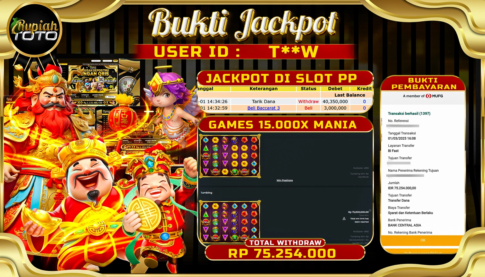 RUPIAHTOTO JACKPOT SLOT PRAGMATIC PLAY GAMES 15.000X MANIA RP 75.254.000 JUTA LUNAS