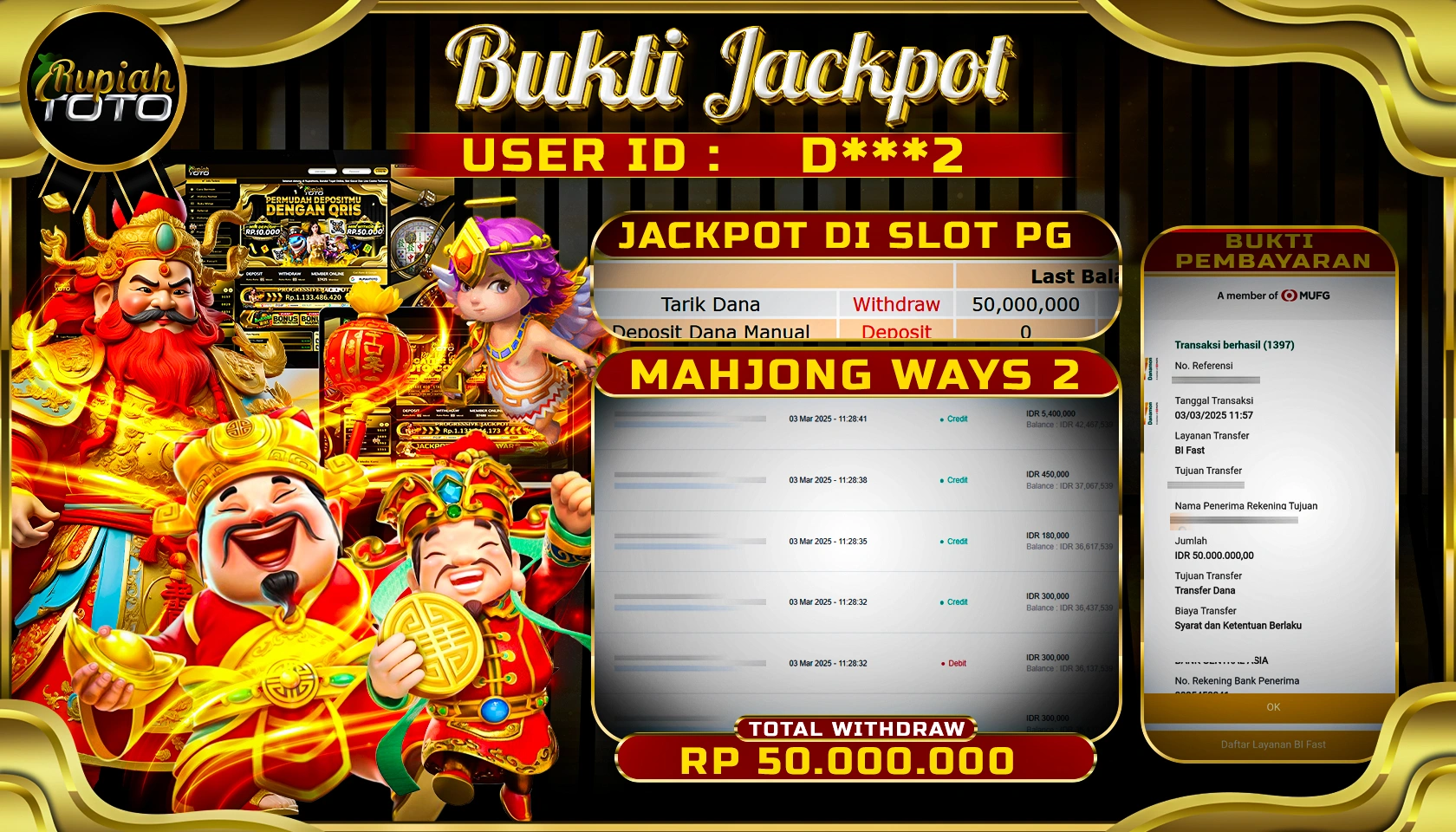 RUPIAHTOTO JACKPOT SLOT PG SOFT GAMES MAHJONG WAYS 2 RP 50.000.000 JUTA LUNAS