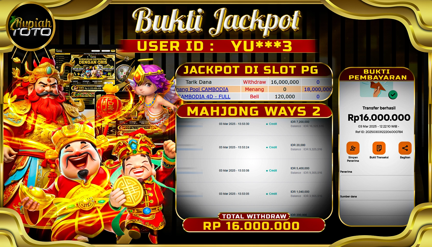 RUPIAHTOTO JACKPOT SLOT PG SOFT GAMES MAHJONG WAYS 2 RP 16.000.000 JUTA LUNAS