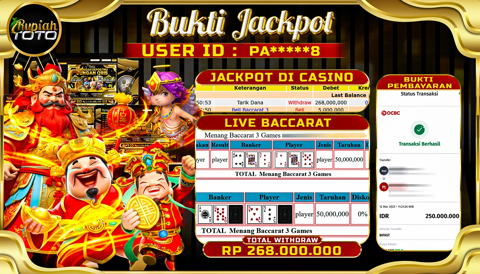 RUPIAHTOTO JACKPOT DI CASINO GAMES LIVE BACCARAT  RP 268.000.000 RATUS  JUTA RUPIAH LUNAS