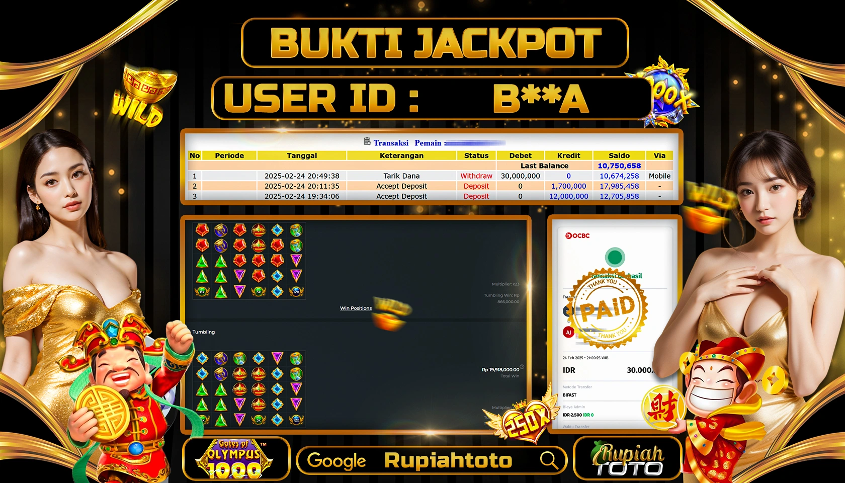 RUPIAHTOTO JACKPOT SLOT PRAGMATIC PLAY GAMES GATES OF OLYMPUS 1000 RP 30.000.000 JUTA LUNAS