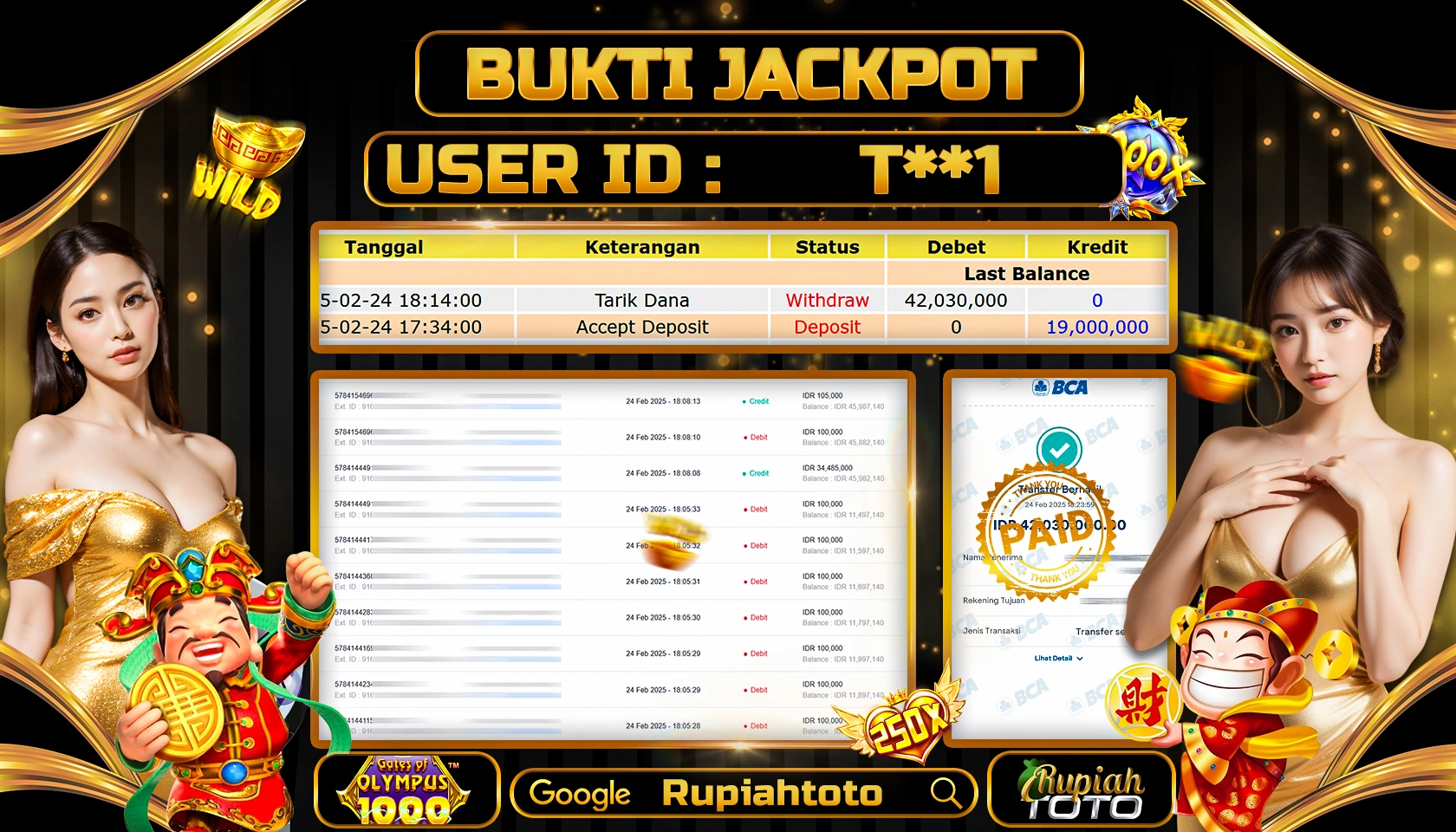 RUPIAHTOTO JACKPOT SLOT PRAGMATIC PLAY GAMES GATES OF OLYMPUS 1000 RP 42.030.000 JUTA LUNAS