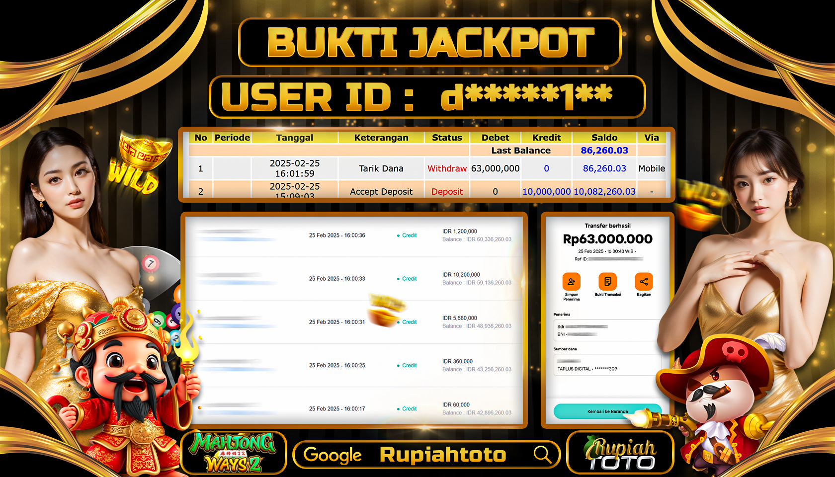 RUPIAHTOTO JACKPOT SLOT PG SOFT GAMES MAHJONG WAYS 2  RP 63.000.000 JUTA LUNAS