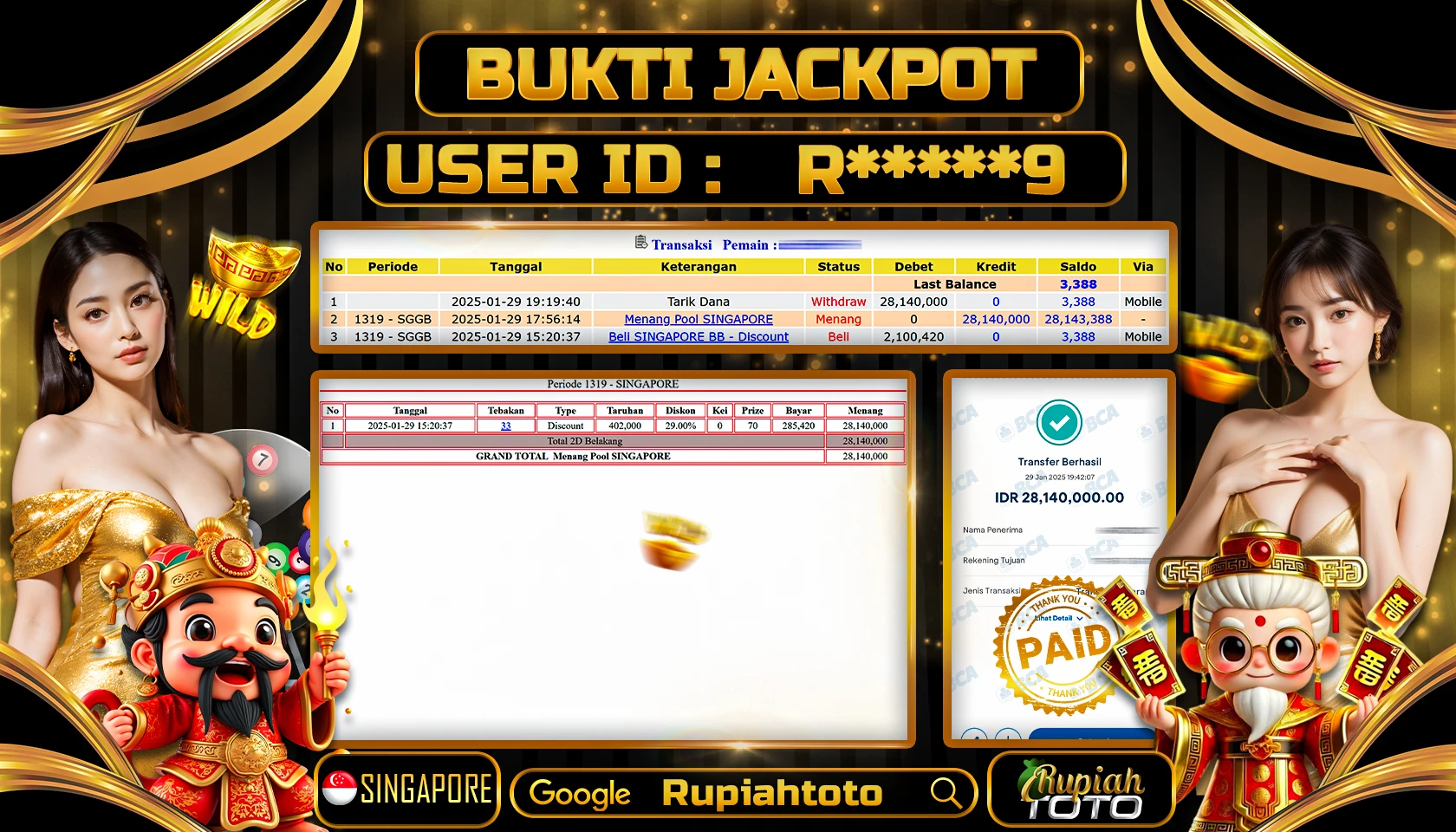 RUPIAHTOTO JACKPOT TOGEL PASARAN SINGAPORE POOLS RP 28.140.000 JUTA LUNAS