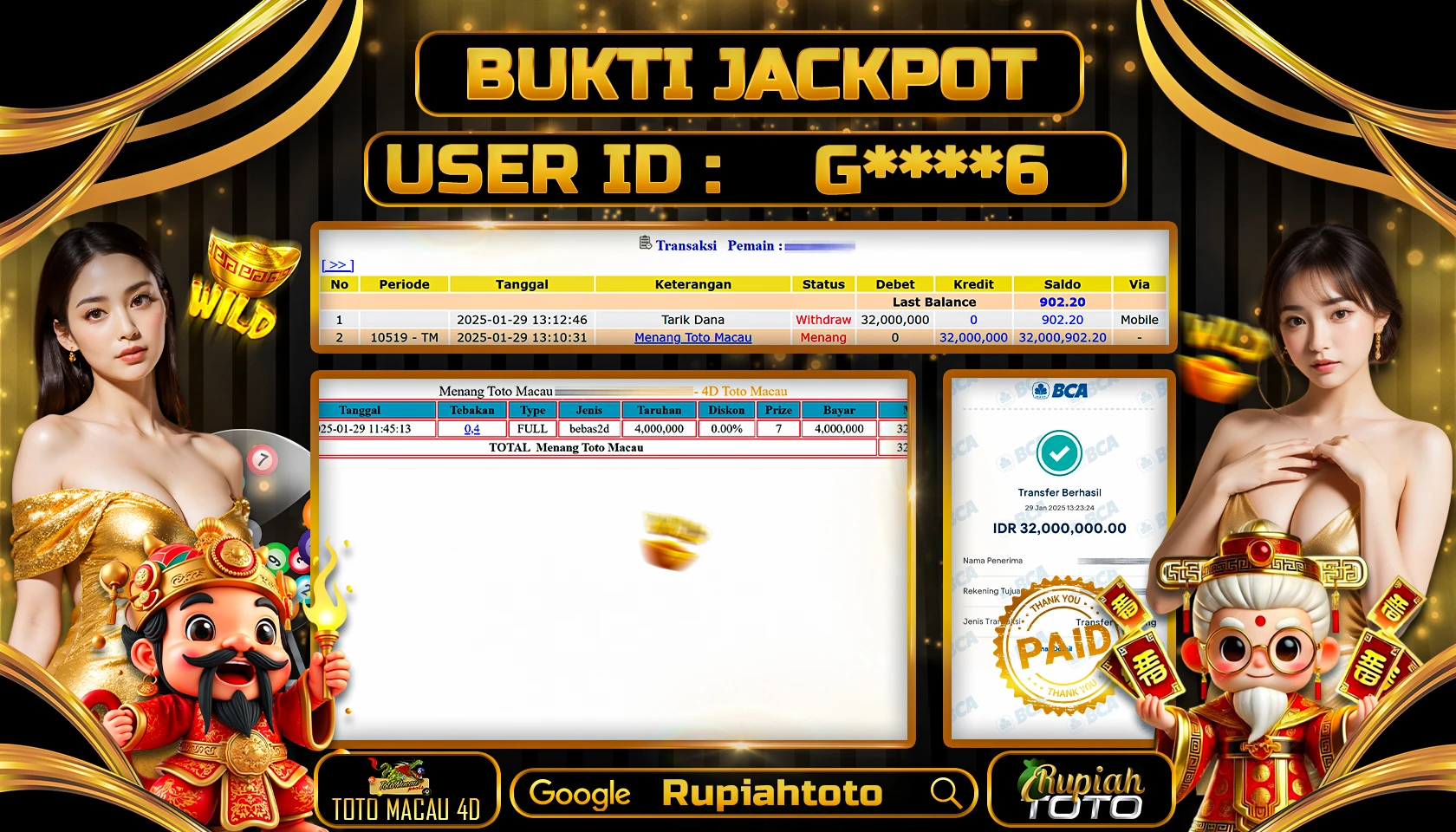 RUPIAHTOTO JACKPOT TOGEL PASARAN TOTO MACAU 4D RP 32.000.000 JUTA LUNAS