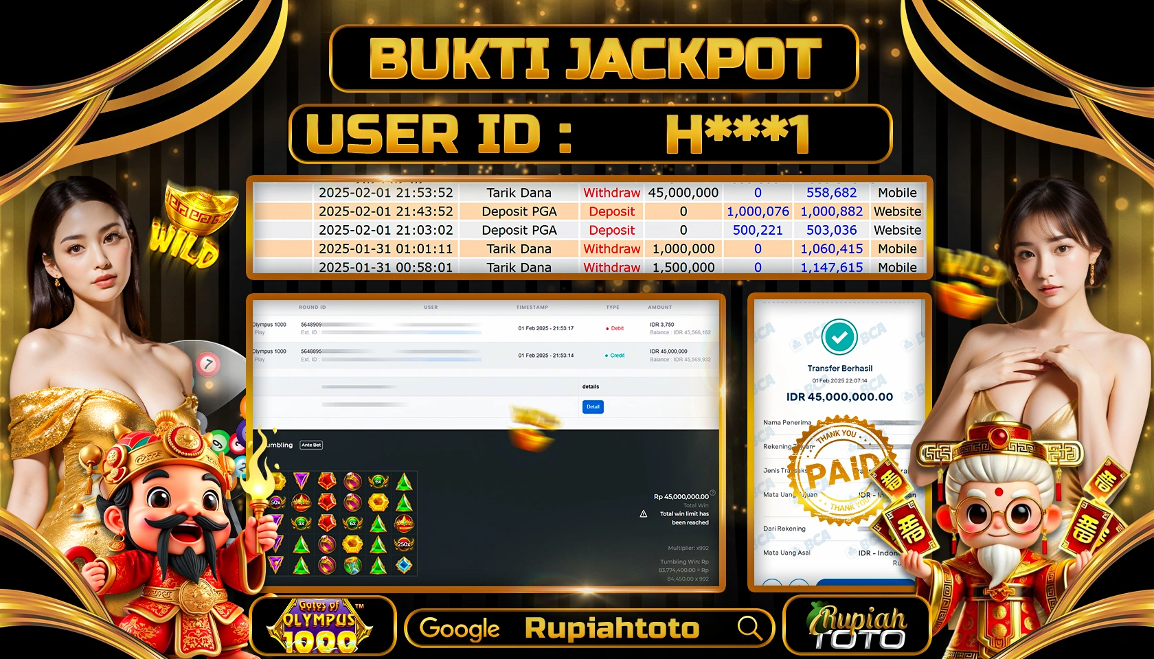RUPIAHTOTO JACKPOT SLOT GAMES GATES OF OLYMPUS 1000 RP 45.000.000 JUTA LUNAS