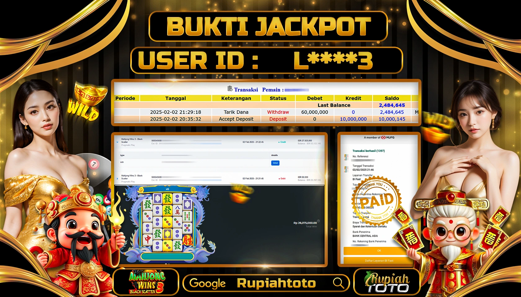 RUPIAHTOTO JACKPOT SLOT GAMES MAHJONG WINS 3 BLACK SCATTER RP 60.000.000 JUTA LUNAS