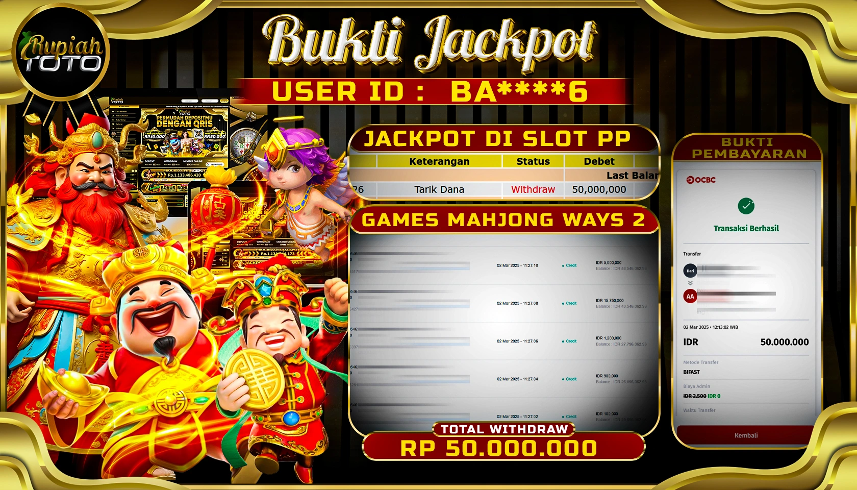 RUPIAHTOTO JACKPOT SLOT PG SOFT GAMES MAHJONG WAYS 2 RP 50.000.000 JUTA LUNAS