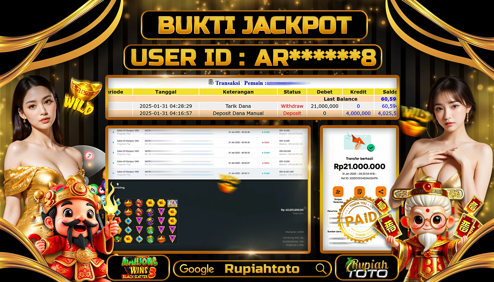 RUPIAHTOTO JACKPOT SLOT GAMES MAHJONG WINS 3 BLACK SCATTER RP 21.000.000 JUTA LUNAS